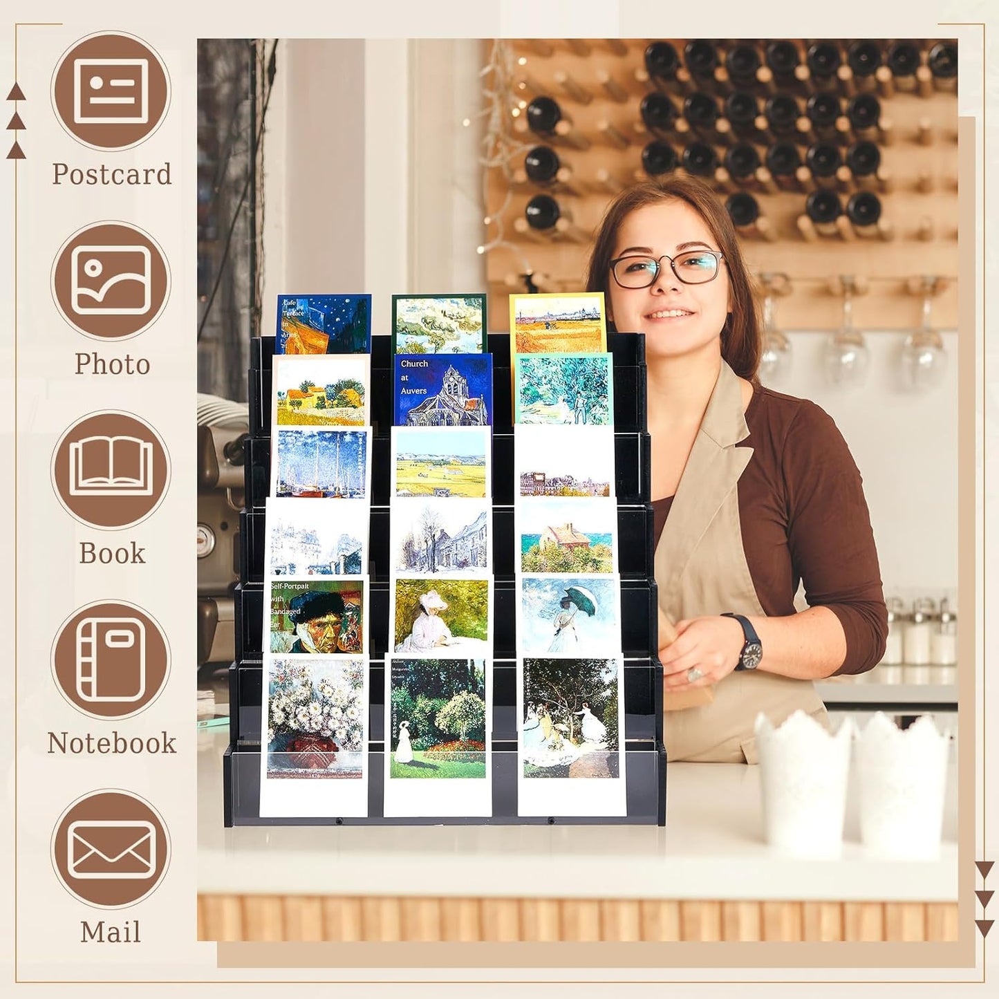 6 Tier Greeting Card Display Stand Black Bamboo and Acrylic Sticker Display Stand Trading Card Holder Retail Photos Shelf for Vendors Craft Collection & Show