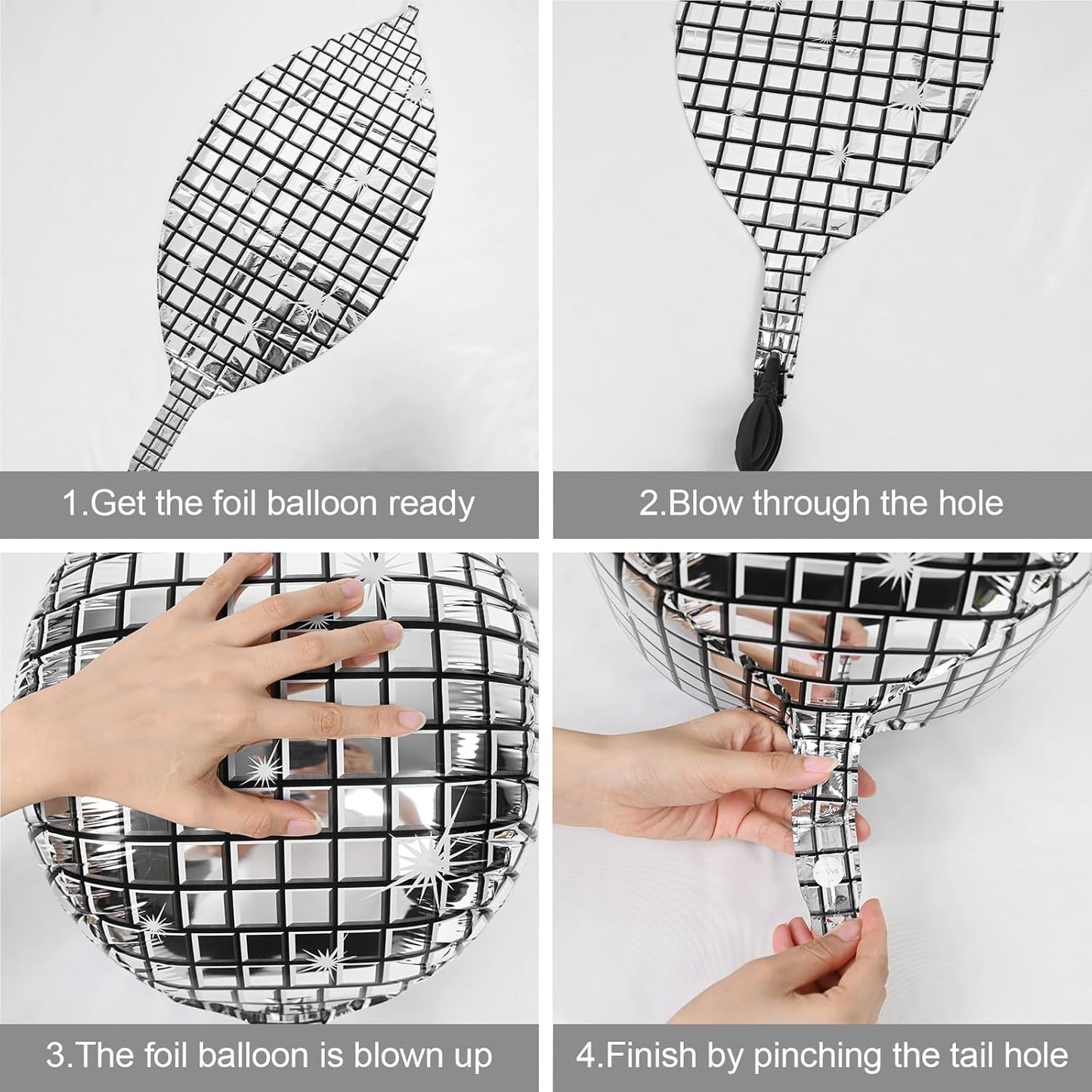 Disco Ball Balloons 4PC,Foil Disco Balloons 22 Inch 4D Round Metallic Silver Balloon for 70s 80s Birthday Bachelorette Graduation Decorations