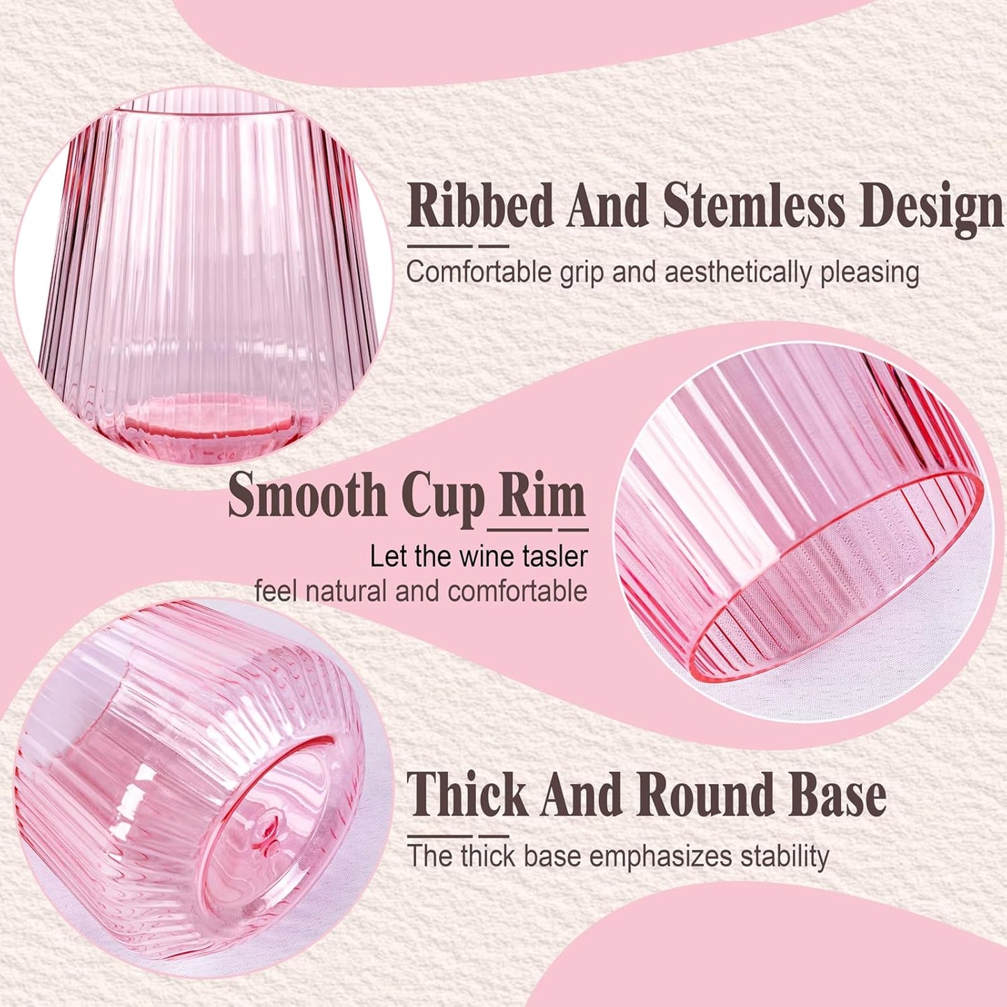 30 Pack Pink Plastic Ribbed Wine Glasses, 14 OZ Origami Stemless Disposable Wine Champagne Whiskey Glasses Unbreakable Clear Plastic Cocktail Glasses, Reusable Wine Cups for Party Wedding & Christmas