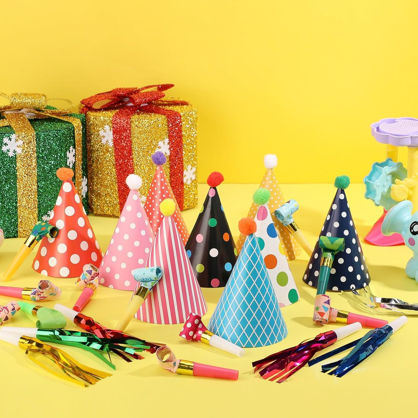 Skylety 59 Pieces Party Cone Hats with Colorful Blowers and Metallic Fringed Noisemakers Birthday Blowouts Horns Whistles Musical Noisemaker for Adults Birthday Party Supplies