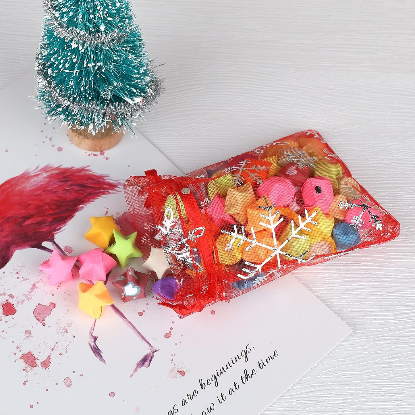 jijAcraft 3x4Inch Christmas Organza Bags - 50Pcs Red Snowflake Gift Bags, Xmas Party Favor Drawstring Mesh Gift Pouches for Winter Gift, Candy, Jewelry Bags