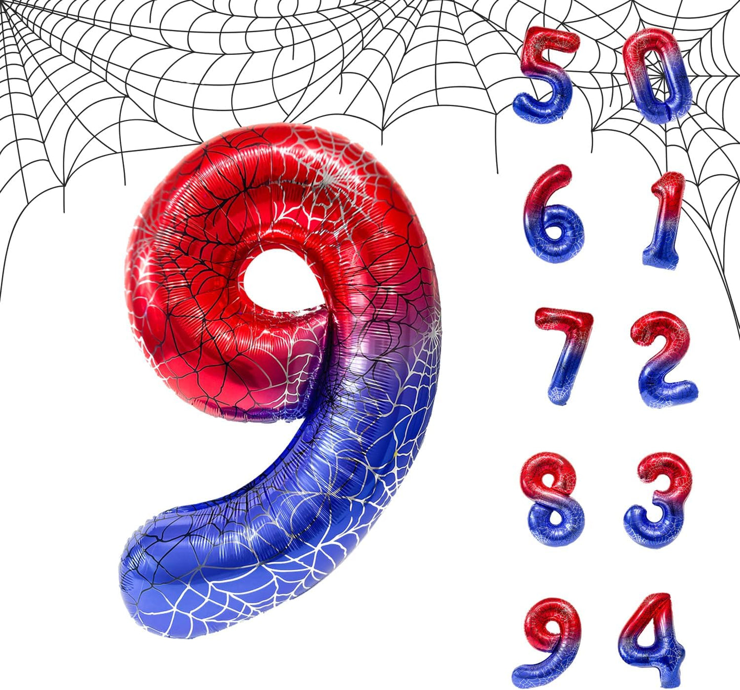 Spider Web 40Inch Foil Number Balloons Set 0-9 Includes Inflation Straws - Giant 7 Decor for Birthdays, Anniversary Party Arch Supplies (Spider, Number 9)
