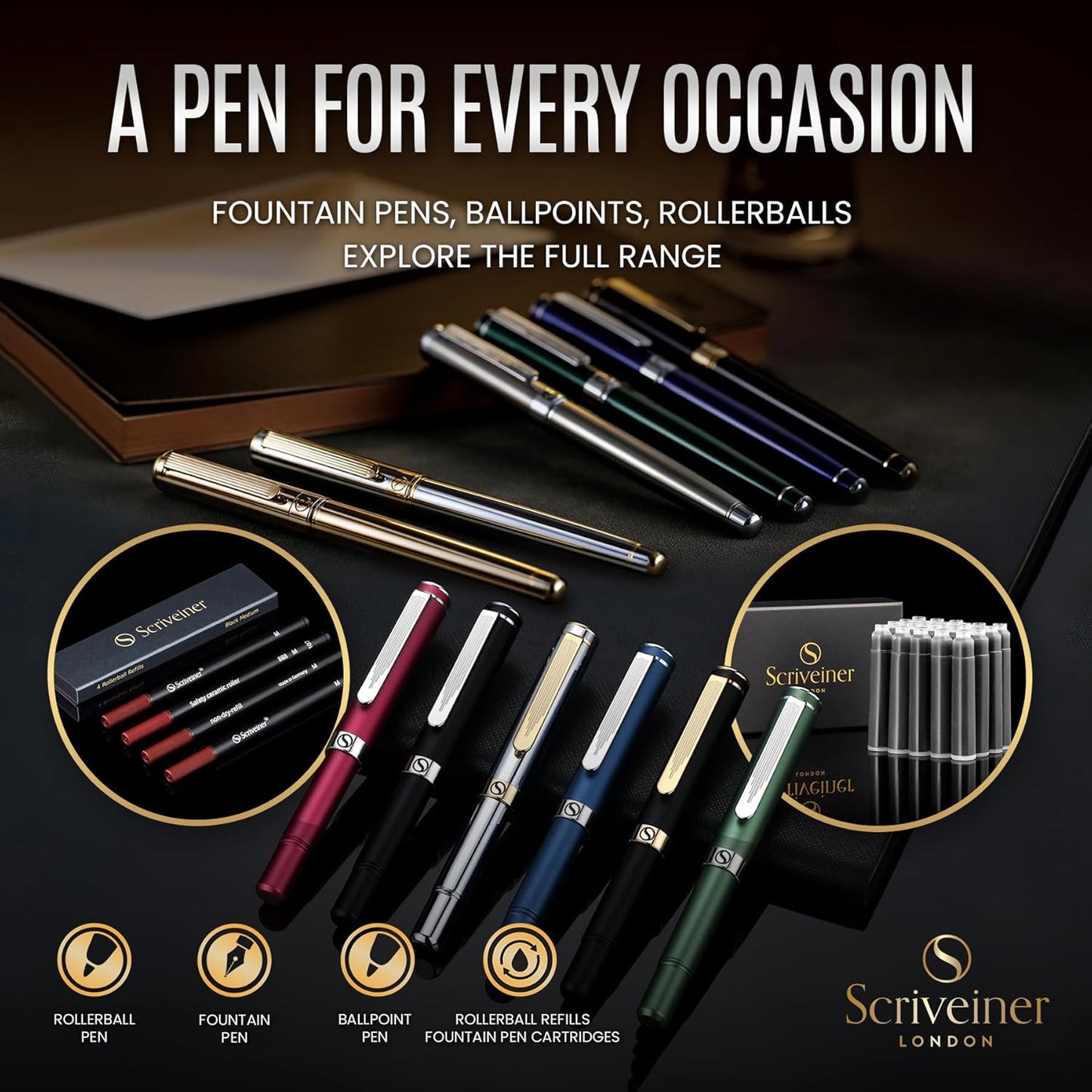 Scriveiner Black Green Fountain Pen - Stunning Luxury Pen with Chrome Finish, Schmidt Nib (Medium), Best Pen Gift Set for Men & Women, Professional, Executive, Office, Nice Pens