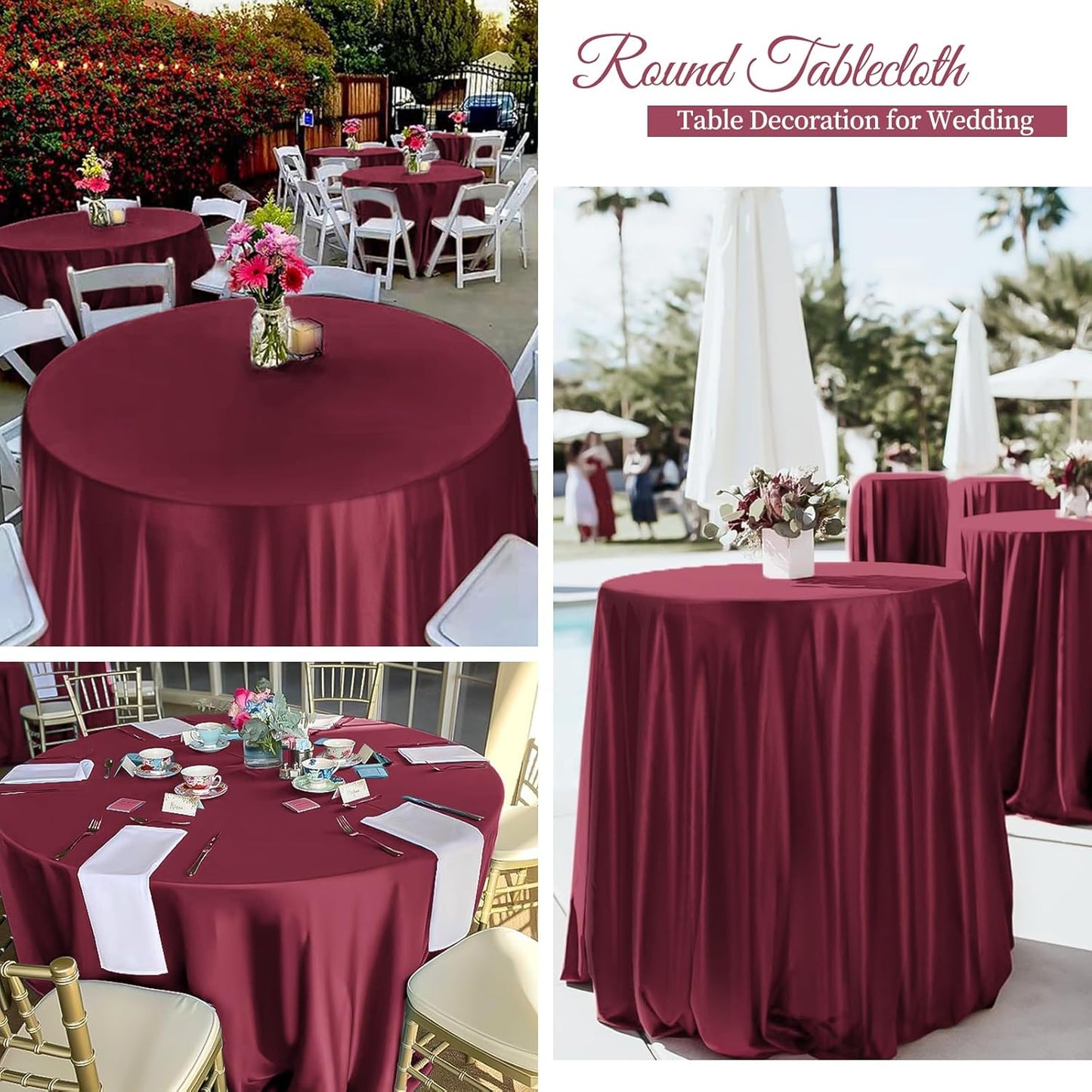 fani 6 Pack 120 Inch Burgundy Satin Tablecloth - Premium Bright Silky Round Tablecloth Overlay Smooth Fabric Table Cover, Table Decoration for Wedding Party Banquet Events Restaurant Kitchen Dining
