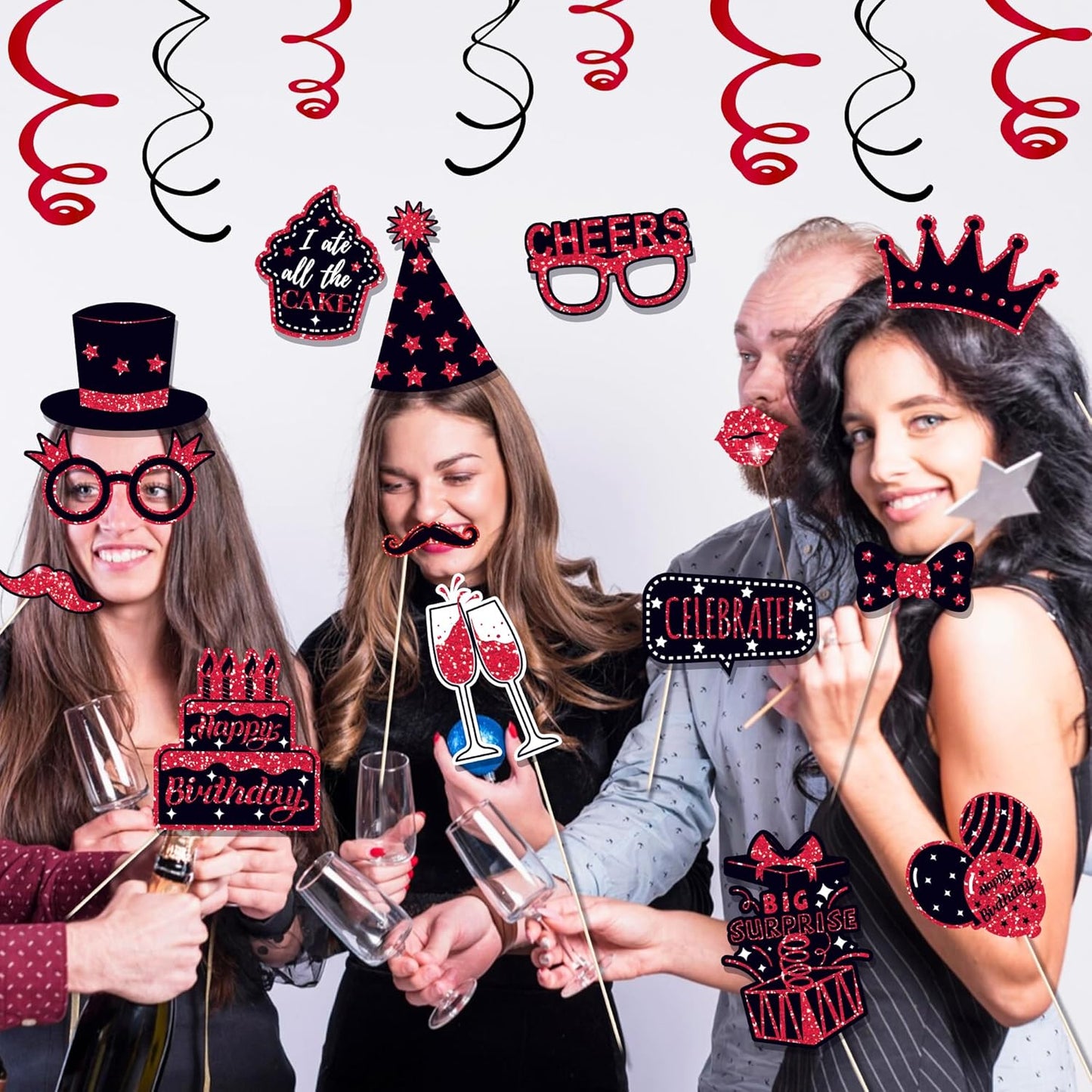 36 PCS Birthday Photo Booth Props Party Supplies Holiday Picture Decorations Photo Booth Props for Birthday Party Favors Pose Sign Kit Fun for Party (Red)