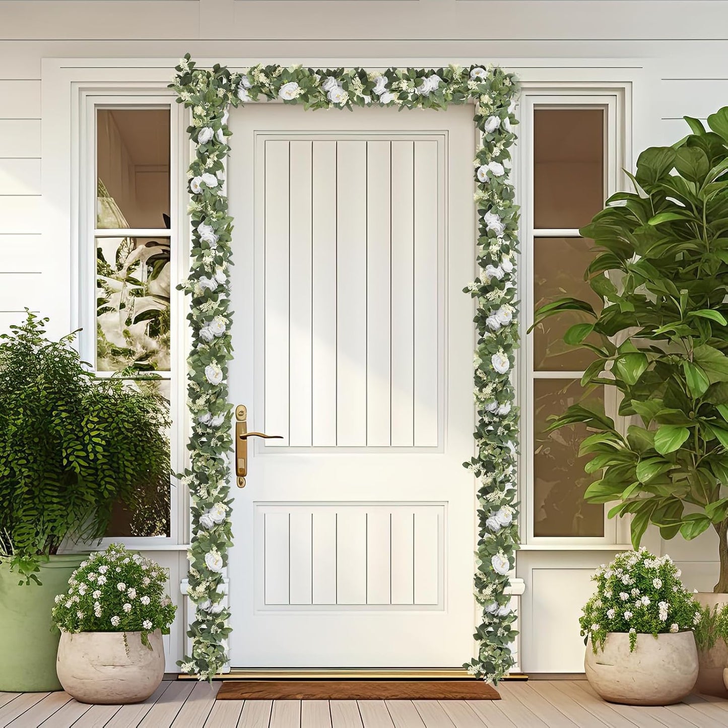 MAKHOT 2Pack White 6.6Ft Artificial Eucalyptus Garland with Flowers, Fake Rose Gypsophila Vine Rose Garlands Decor, Floral Flower Greenery Garland for Wedding Home Table Decor (White)