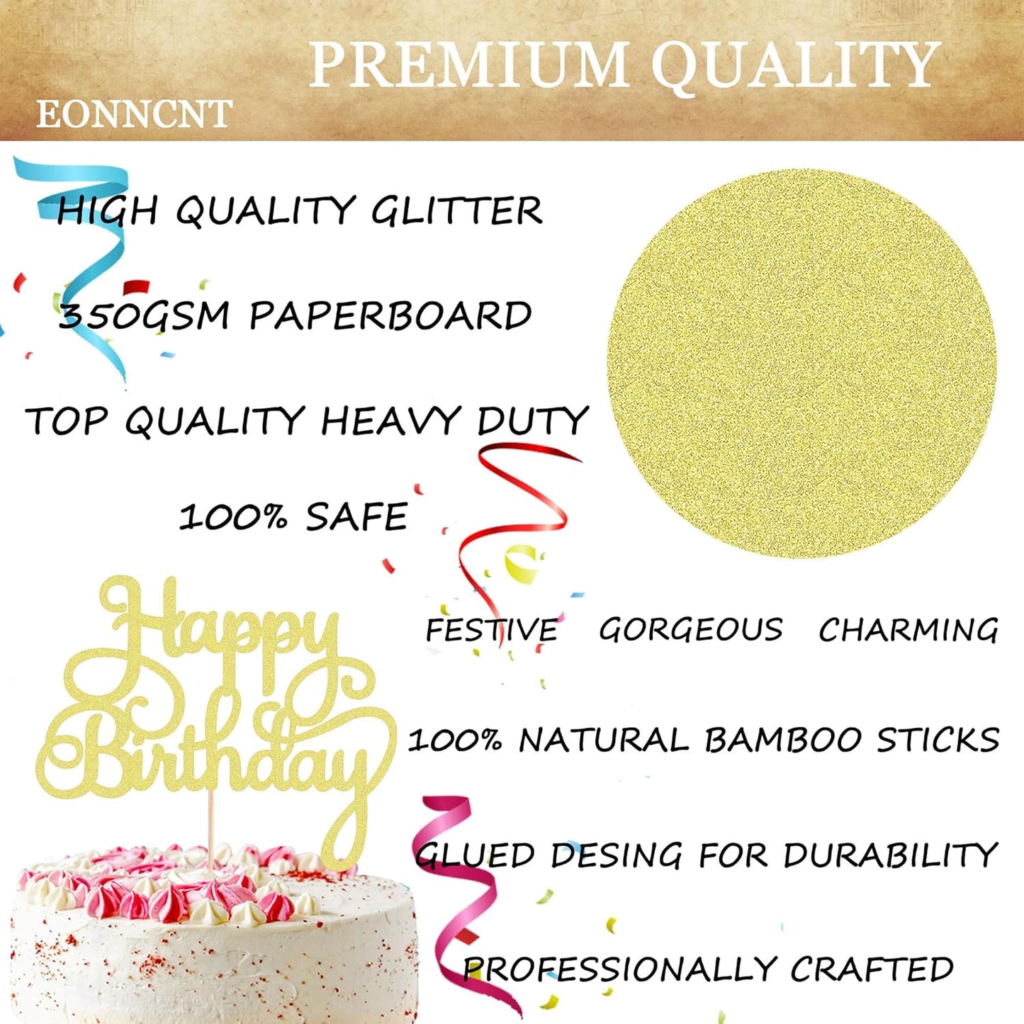 Happy Birthday Cake Topper - Gold Glitter Birthday Party Cake Decoration Supplies - Happy Birthday Cake Decor, for Anniversary/Birthday Party Supplies Photo Booth Props