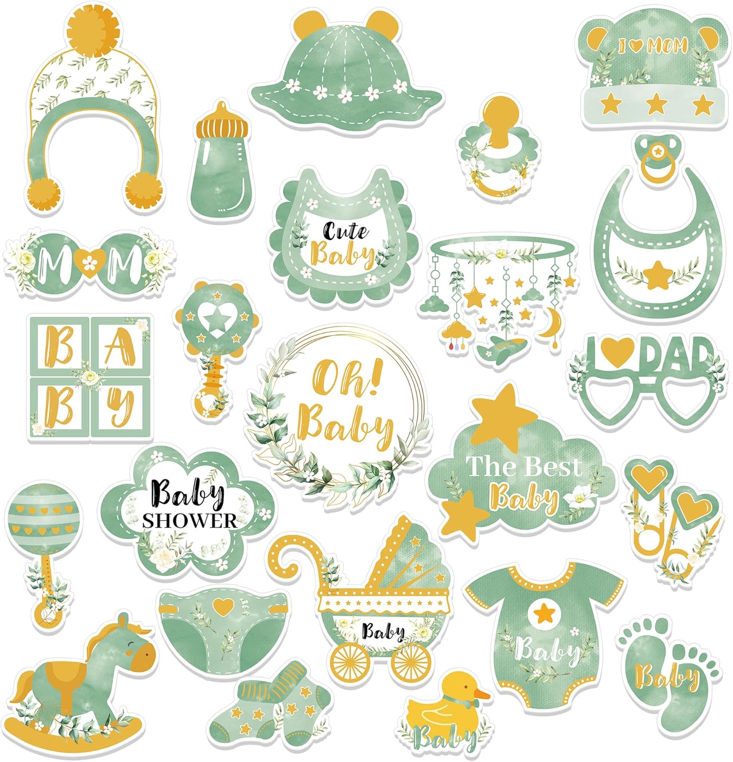 Sage Green Baby Shower Party Photo Booth Props 25PCS Greenery Baby Shower Props for Newborn Party Decoration Boho Photo Booth Props Kit Party Favors Pose Sign Kit Fun for Party