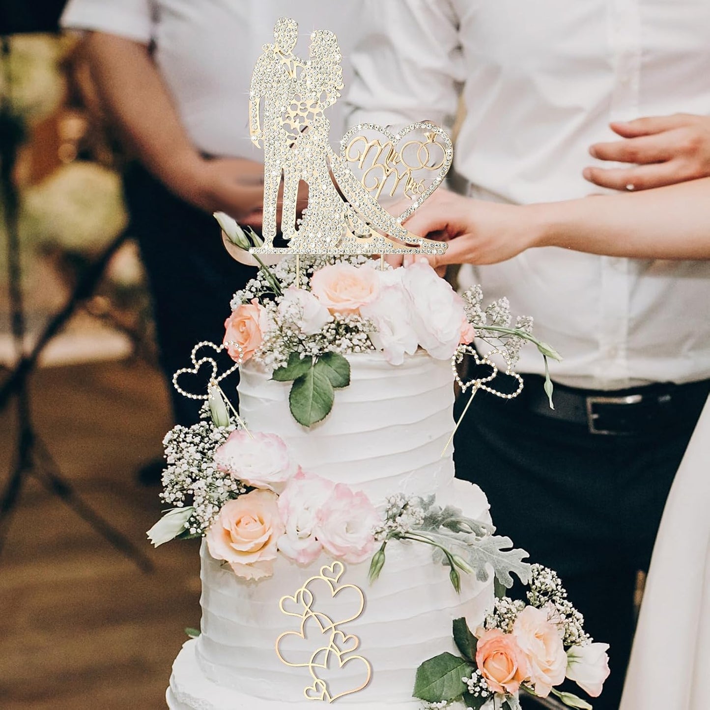 Spiareal 4 Pcs Wedding Cake Topper Mr and Mrs Rhinestone Bride and Groom Love Cake Topper Metal Crystal Heart Shaped Happy Engagement Anniversary Funny Diamond Party Decor for Bridal Shower(Gold)