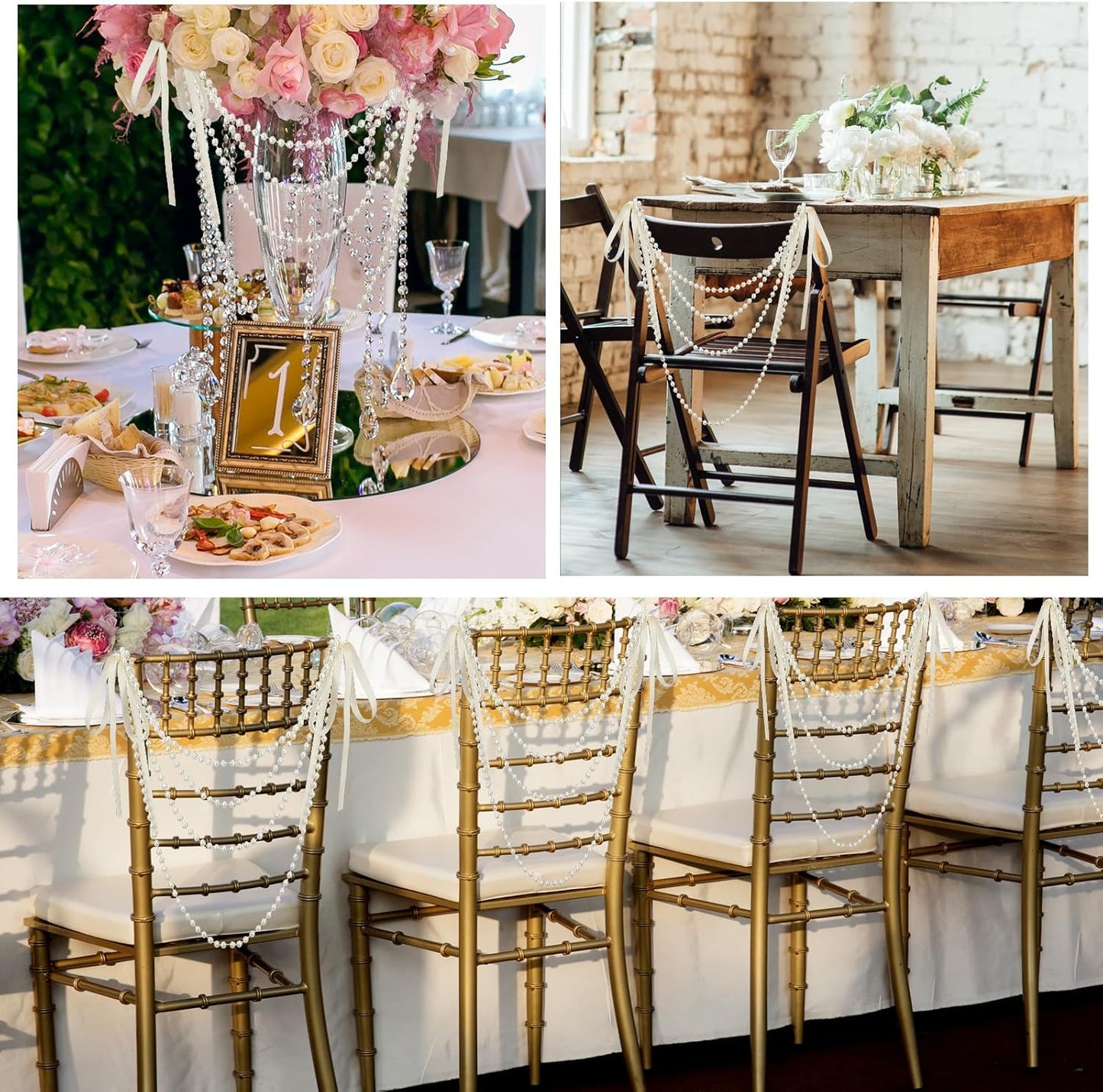 16 Pcs Wedding Pearl Bow Chair Decor Satin Ribbon Bows with Pearl Beaded String Garland Aisle Chair Sashes Decorations for Ceremony Coquette Party Banquet Decor (Ivory)