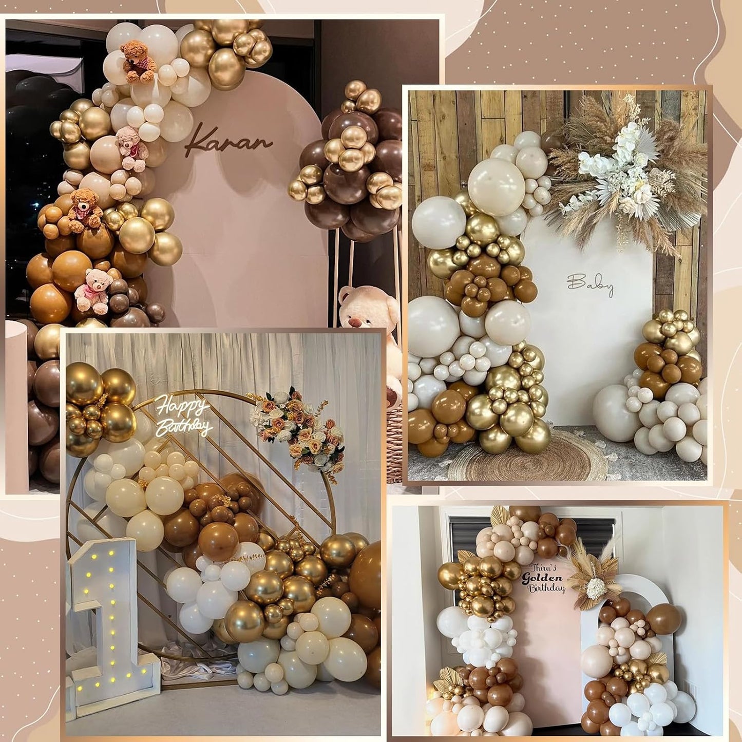 Balloons Brown and Gold, 60 Packs 12 Inch Retro Brown Cream Beige Balloon Sand White Neutral Balloons Metallic Gold Balloon for Bear Birthday Baby Shower Boho Wedding Decorations