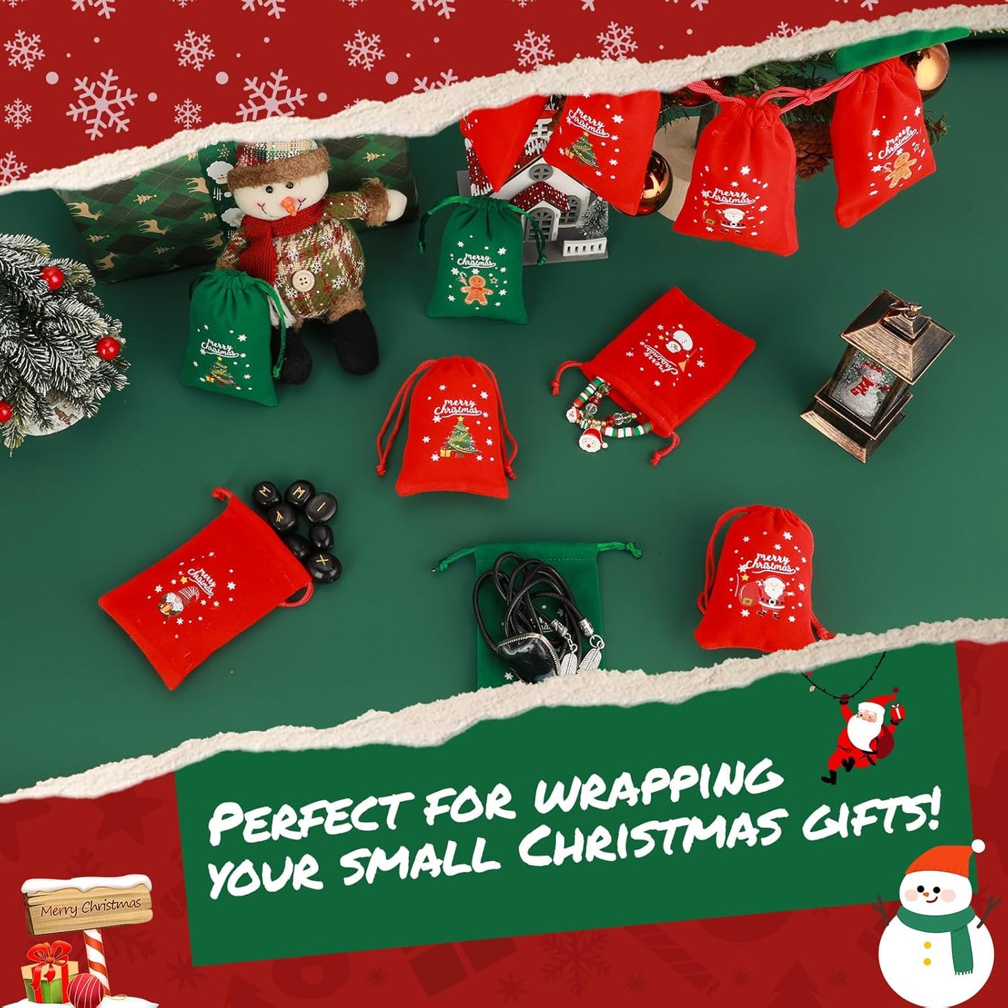 Tapleap Christmas Bags with Drawstring - 50Pcs 3x4 Red and Green Velvet Cloth for Wrapping Dice, Jewelry, Party Favors or Gifts for Friends, Children, Customers