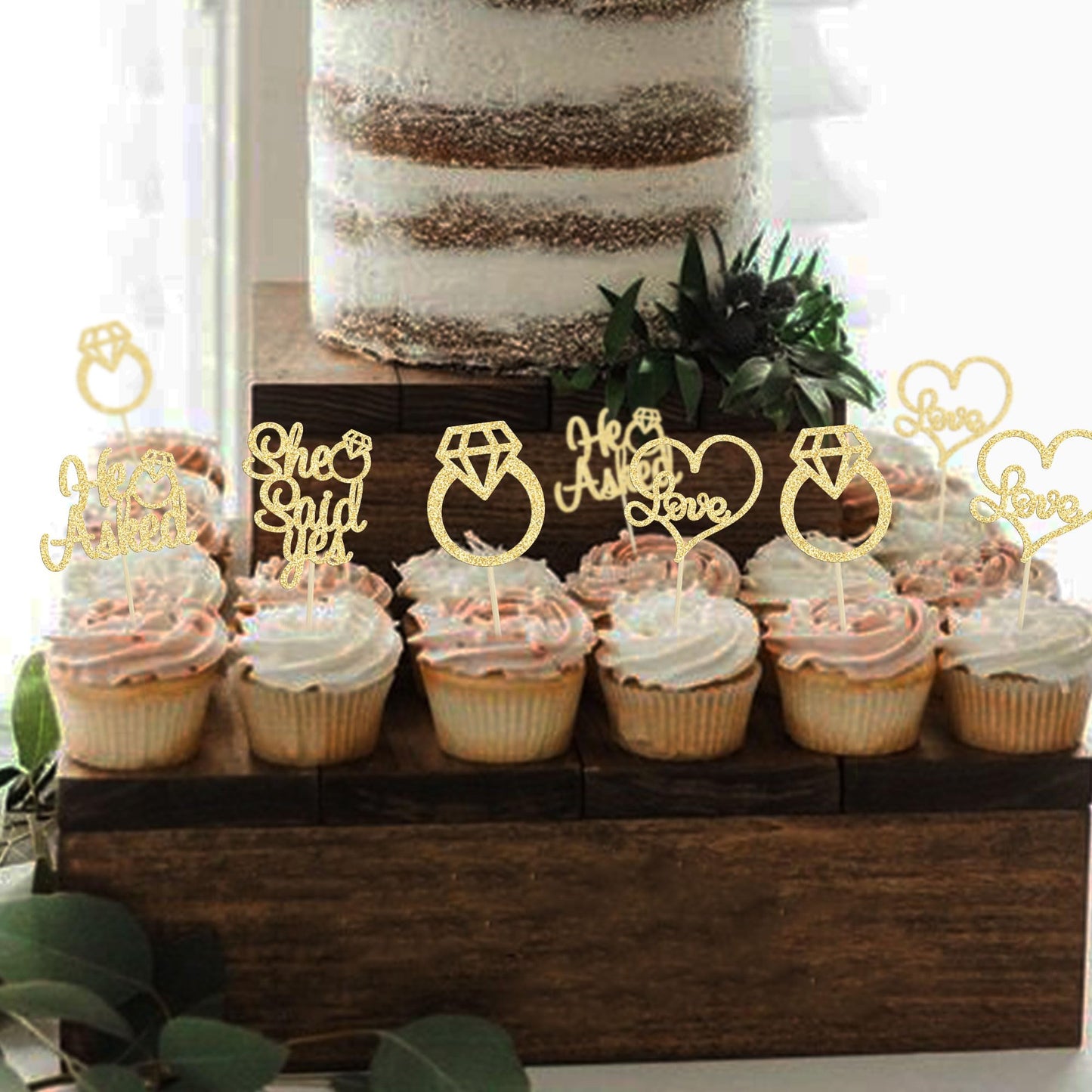 Gyufise He Asked She Said Yes Cupcake Toppers Gold Glitter Diamond Ring Heart Love Cake Picks for