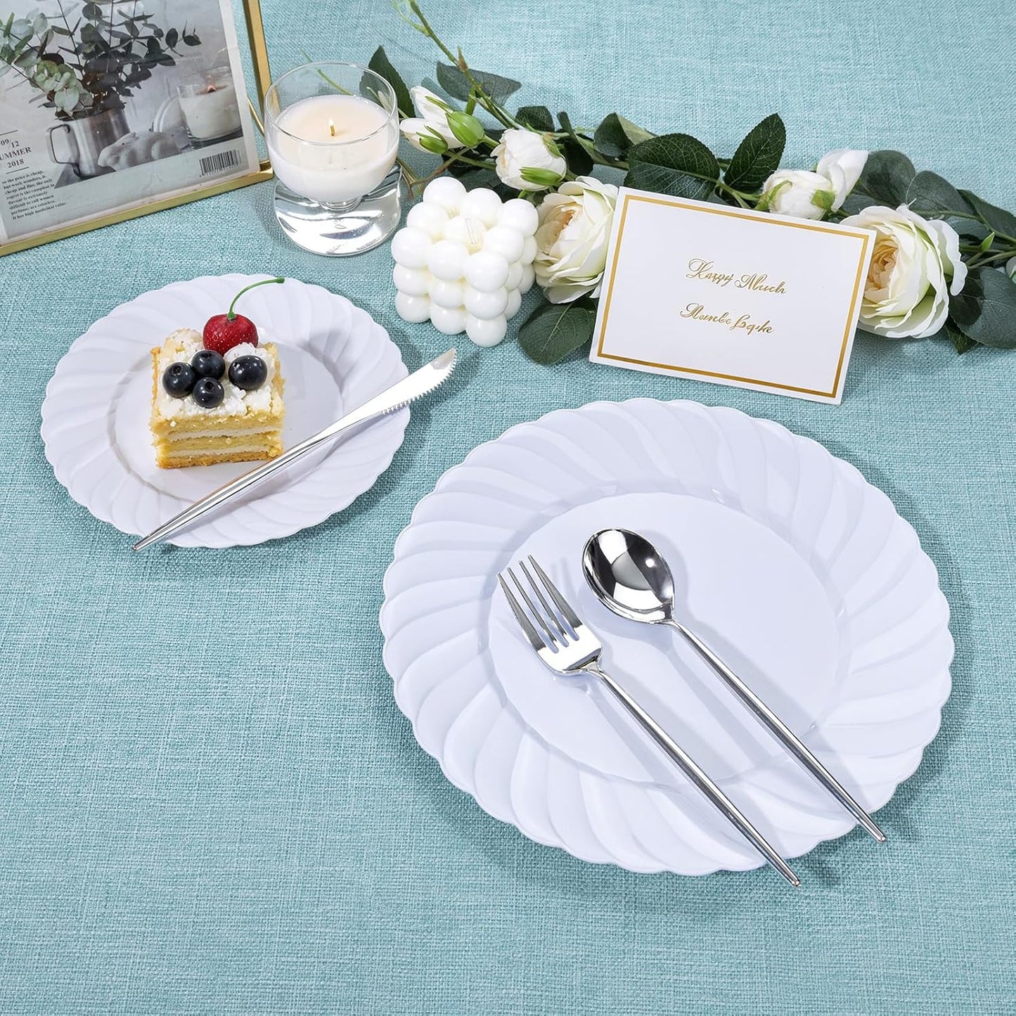 U-QE 60 Pcs White Plastic Plates for Party – Scalloped Plastic Plates Heavy Duty & Elegant – Include 30 10.25" Dinner & 30 7.25" Dessert Plate - Perfect for Weddings, Bridal Showers and Parties