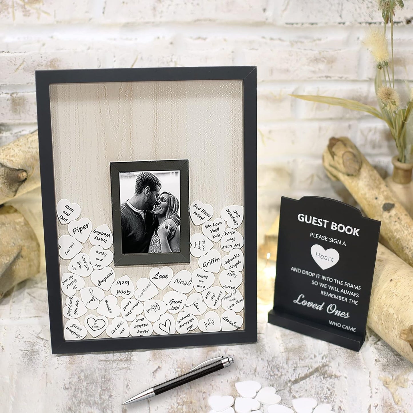 Wedding Guest Book Alternative, Registry Item,12x16 Picture Frame, 70 Pcs Welcome Sign, Gift, White Hearts, Baby Shower Registry, Anniversary, Funeral, Memories (Black)