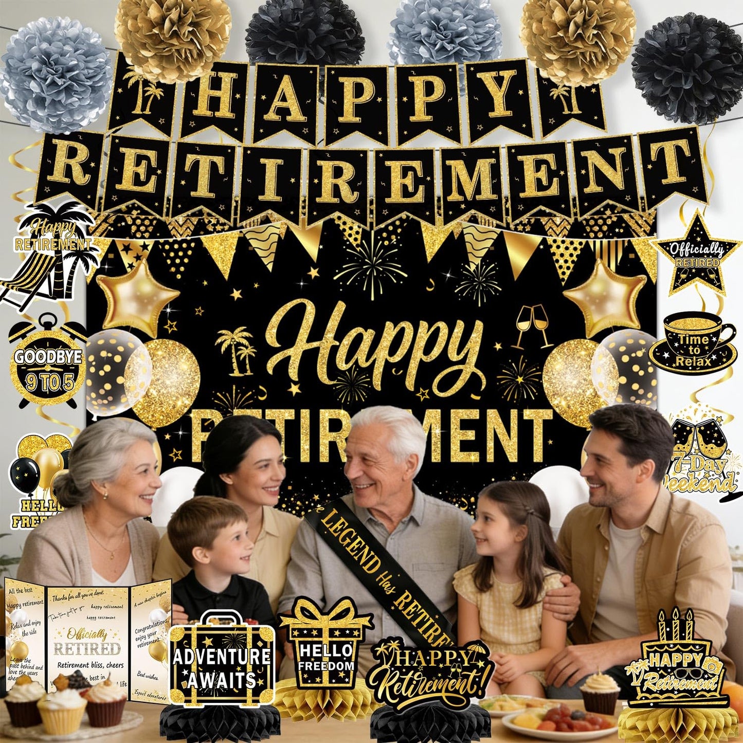 Retirement Party Decorations for Women Men Black and Gold Happy Retirement Banner & Backdrop