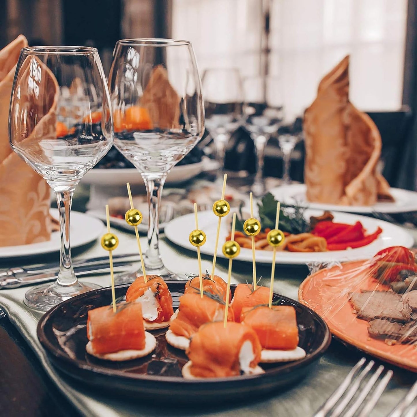 300Pcs Fancy Toothpicks for Appetizers,4.7Inch Gold Pearl Cocktail Picks For Drinks,Bamboo Appetizer Skewers for Charcuterie Boards Accessories,Martini, Sandwich,Desserts,Fruit,Gold Party Decorations