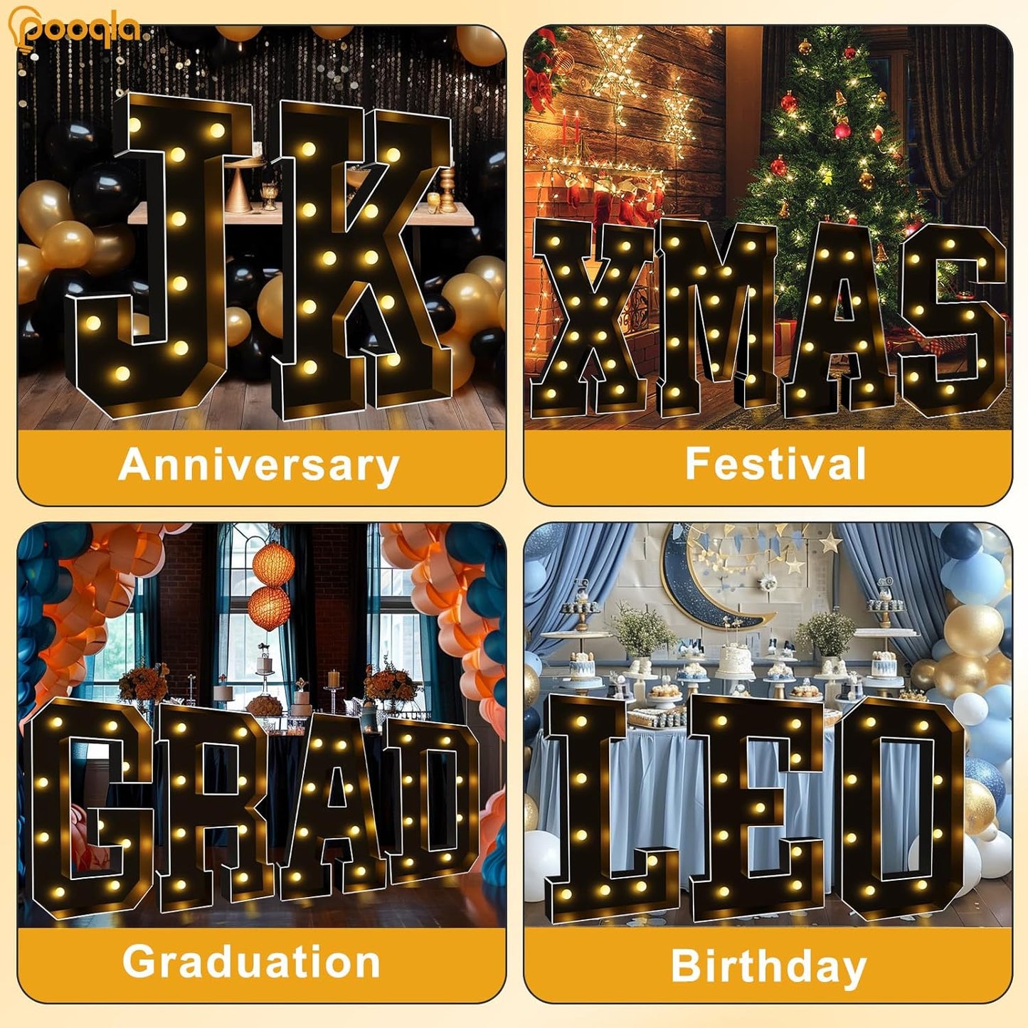 Pooqla 3FT Marquee Light Up Letters, Black LED Party Decor Large Marquee Letters 3 Feet Tall, Giant Mosaic Letter for Birthday Graduation Anniversary Wedding Decoration, Symbol &