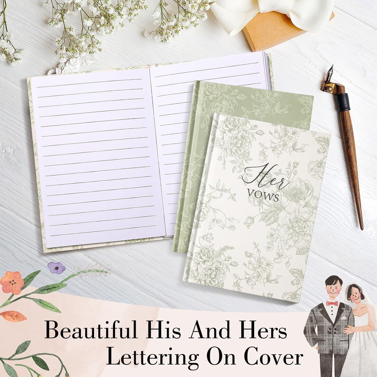 Set of 2 Vow Books His and Hers, Wedding Vow Books (6.06x4.17) Wedding Keepsake Essentials Elegant Bridal Shower Ceremony Gift Elopement Essentials(Green,Floral)