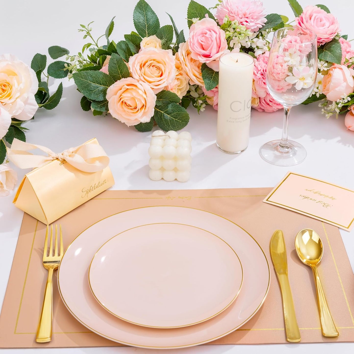 KIRE 175PCS Pink Plates Disposable - Heavy Duty Pink and Gold Plastic Plates Dinnerware Sets - 25 for Dinner 25 for Dessert 25 Pre Rolled Napkins 25Cups for Birthday Party/Wedding