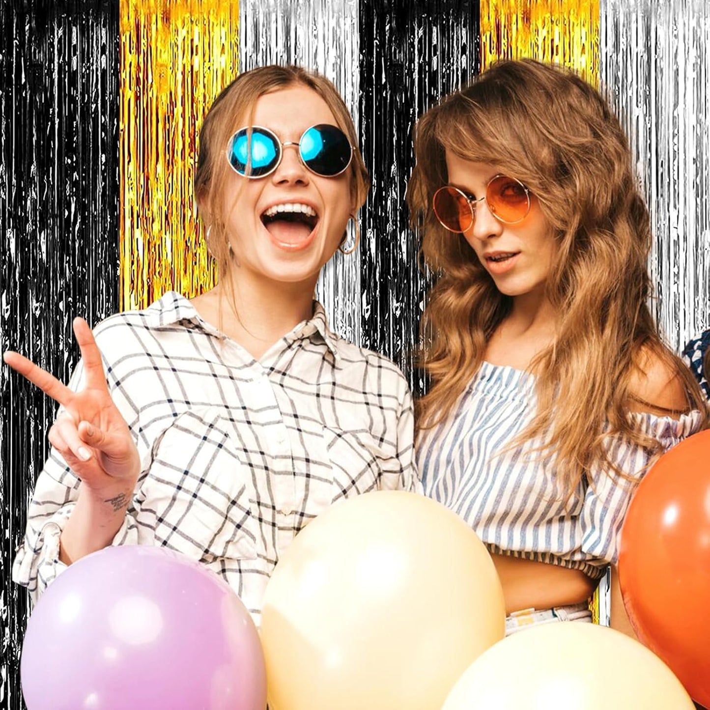 3 Pack Black Gold Silver Foil Fringe Curtain Backdrop, 3.28Ft x 8.2Ft Metallic Tinsel Foil Fringe Streamer Curtains for Photo Booth, Christmas Day, Thanksgiving, Wedding, New Year Party Decorations