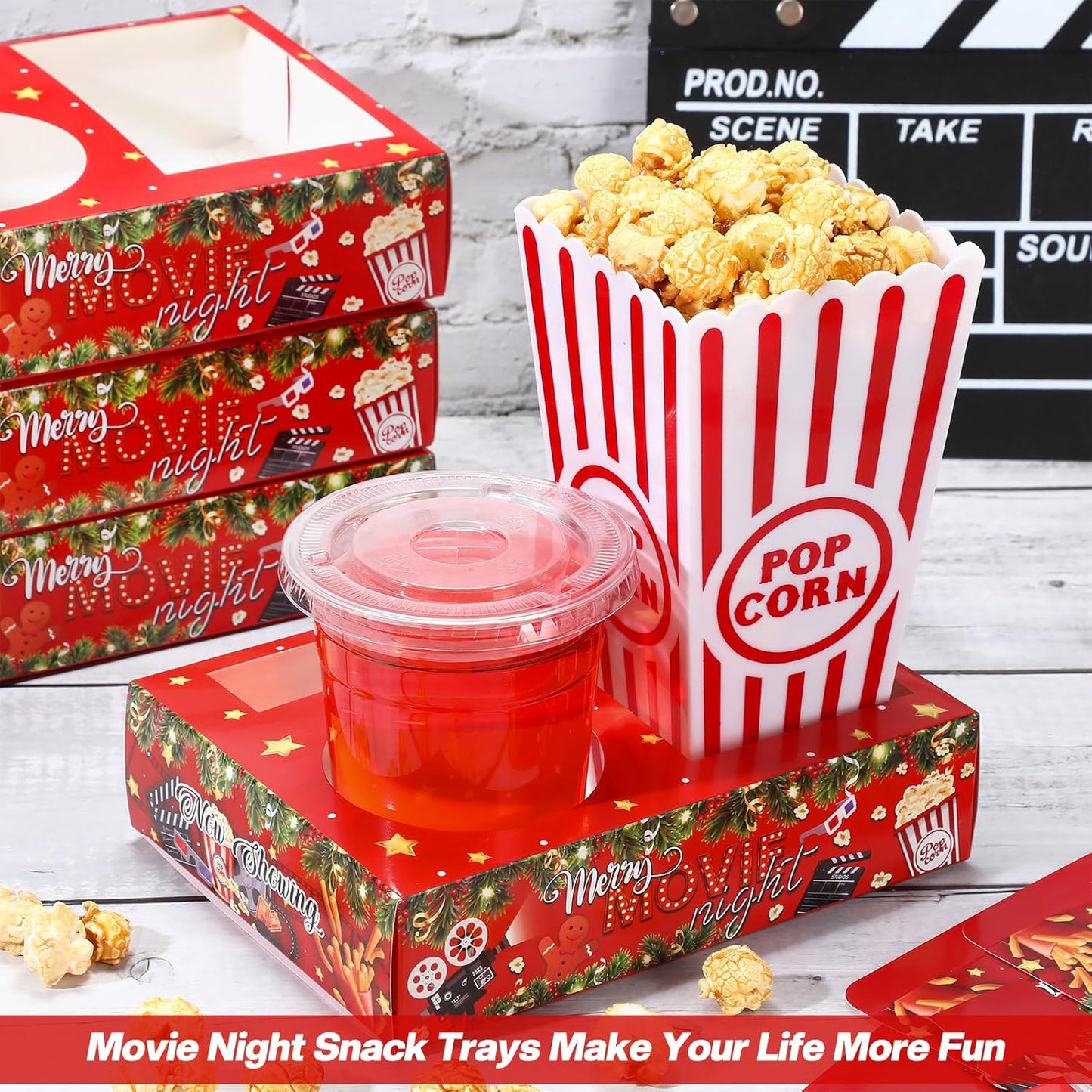 Faccito 36 Pcs Movie Night Snack Trays Movie Theater Snack Boxes Night Supply Disposable Paper Holder Tray for Popcorn Food Candy Drink Party 8 x 6 Inch(Red Green,Holly Style)
