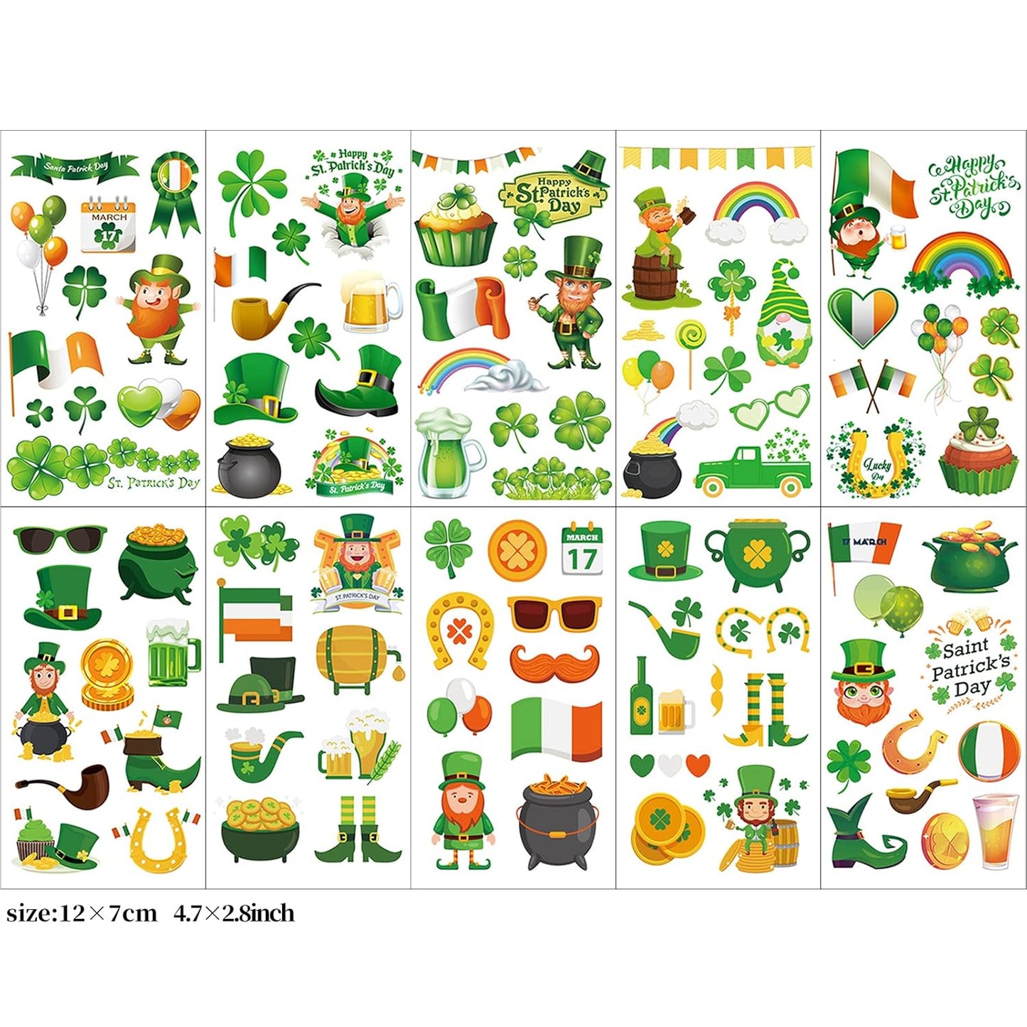 140+ Pcs St Patricks Day Tattoos, 34 Sheets Unique St. Patrick's Day Tattoos Stickers, Shamrock Green Temporary Tattoos, Lucky Clover Tattoos for Kids Party Favors Accessories Irish Party