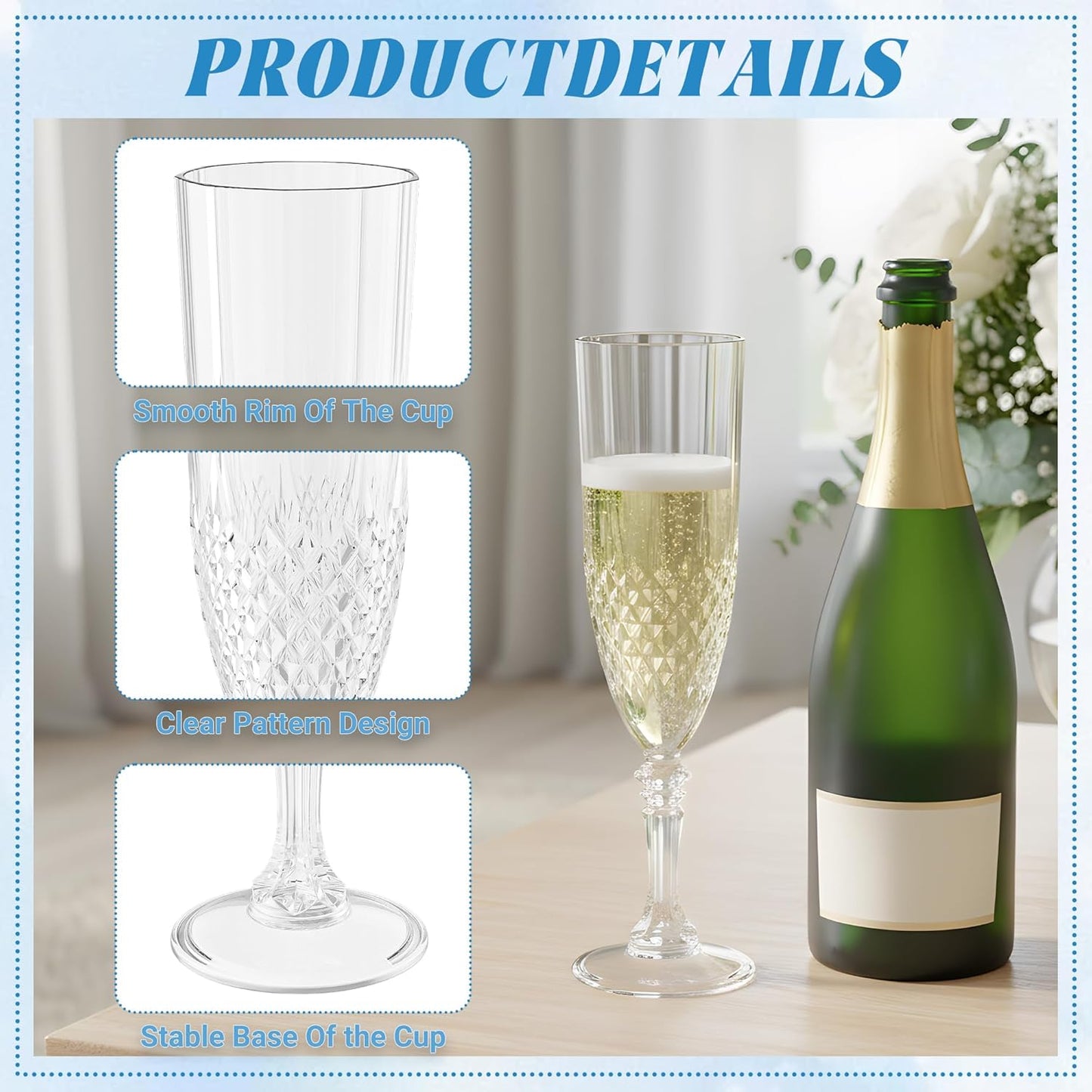 Plastic Champagne Flutes, 12PCS White Transparent Wine Glasses Goblets Cups Shatterproof Reusable Flute for Weddings Bachelor Parties Toasting and Events(12,Transparent)
