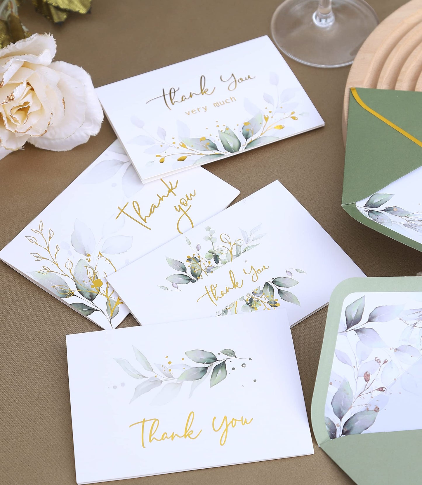 Winoo Design 100 PK Luxurious Gold Thank You Cards with Envelopes Bulk Sage Green - 5x3.5 Inches