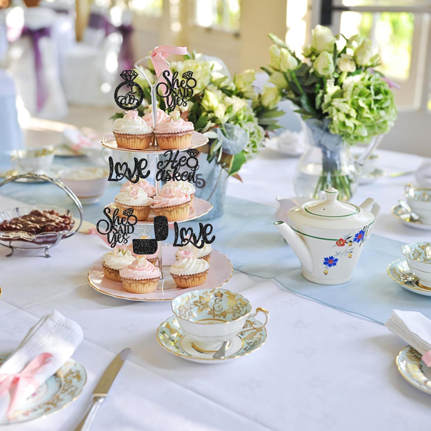 30 PCS He Asked She Said Yes Cupcake Toppers Love I Do Diamond Ring Cupcake Picks for Wedding Enaggement Bridal Shower Party Cake Decorations Supplies Black