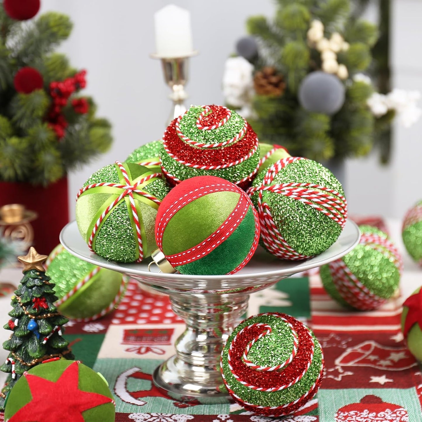 SY Super Bang Red Green Christmas Ball Ornaments, 15PCS Shatterproof Velvet Ornaments Set for Christmas Tree Hanging Decorations, for Holiday Party Xmas Decor - 80MM/3.14".