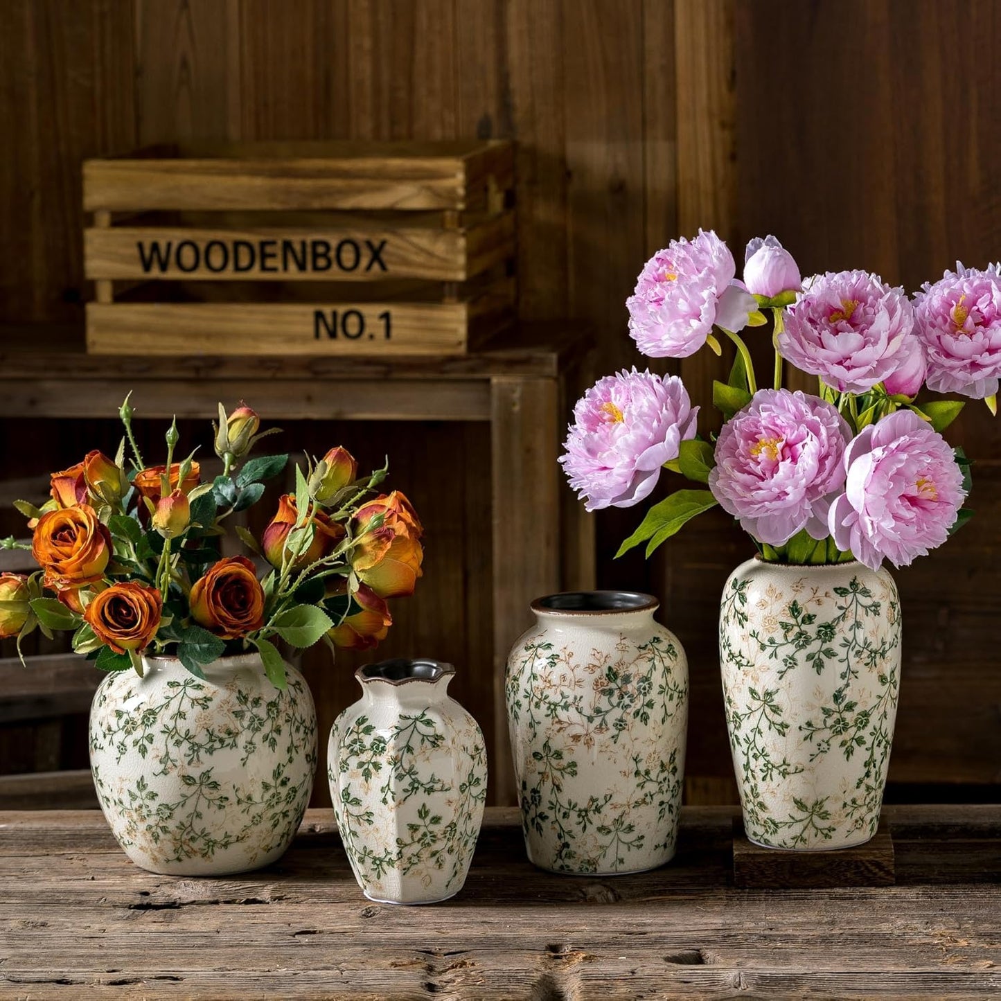 Vintage Green and Beige Round Pastoral Vase, Round Ceramic Floral Vases, Retro Ice Cracked Chinoiserie Vase for Home Decor, Living Room, Bookshelf, Office, Rustic Table Centerpiece 6.7 Inch