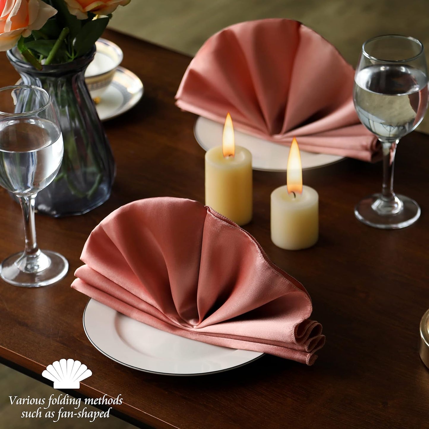 Manyshofu 50 Pieces Rose Gold Satin Napkins - 12x12 Inches Cloth Napkins, Square Satin Fabric Napkin Set - Smooth & Reusable Table Napkins for Wedding Dinner Party Lunch Banquet Restaurant Decoration