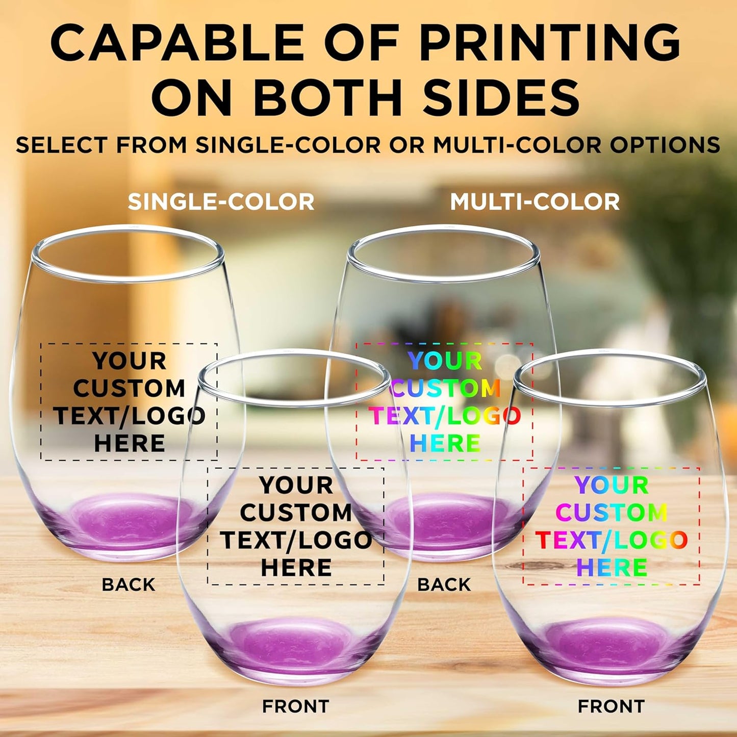 Custom Stemless Wine Glass 9 oz. Set of 100, Personalized Bulk Pack - Great for Wedding Favors, Bachelorette Party Decorations, Party Favors, Color Bottom - Pink