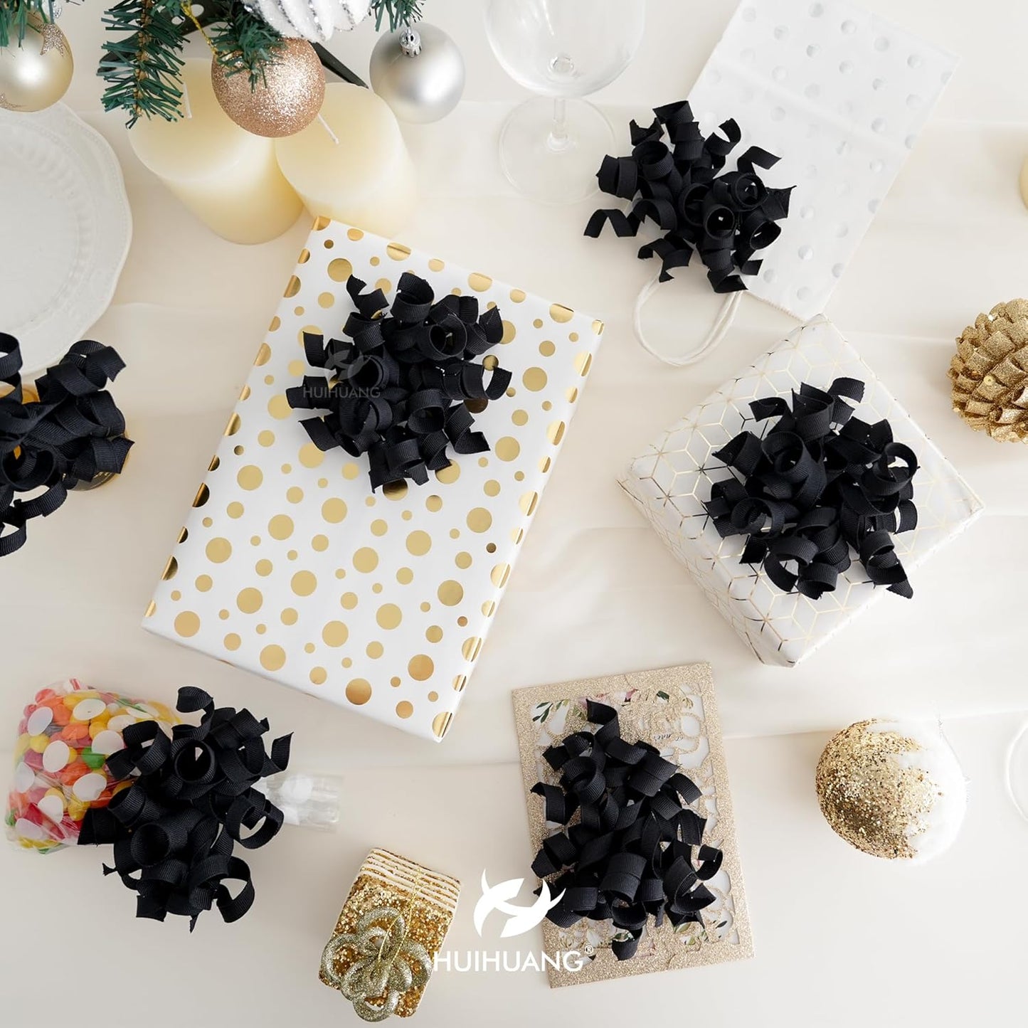 HUIHUANG Black Bows for Gift Wrapping, Black Curly Ribbon Bows Self Adhesive Burst Gift Bow for Christmas Presents, Wine Bottle, Treat Bags, Birthday, Holiday Party Favors - 6 Counts