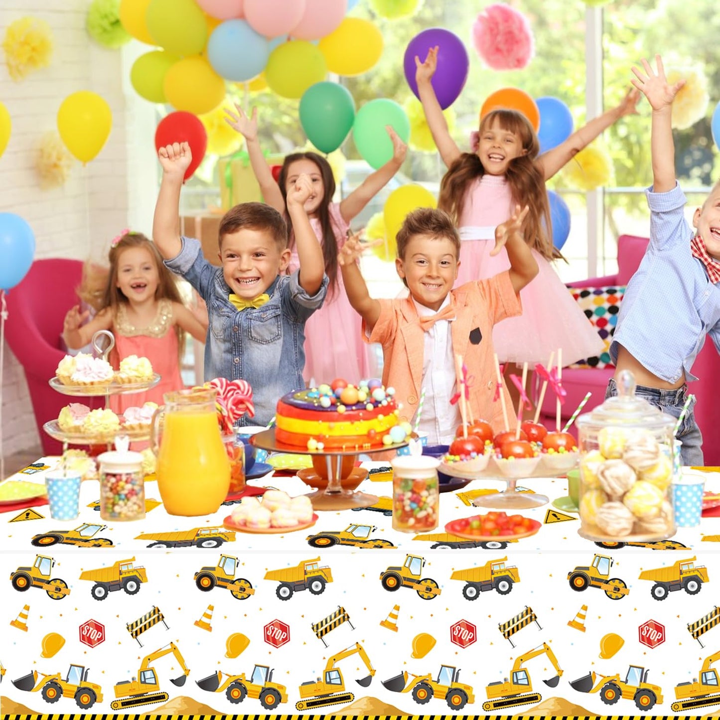 QIYANPAX 3 Pack Construction Plastic Birthday Party Tablecloths, 54 x 108 Inches - Truck Excavator