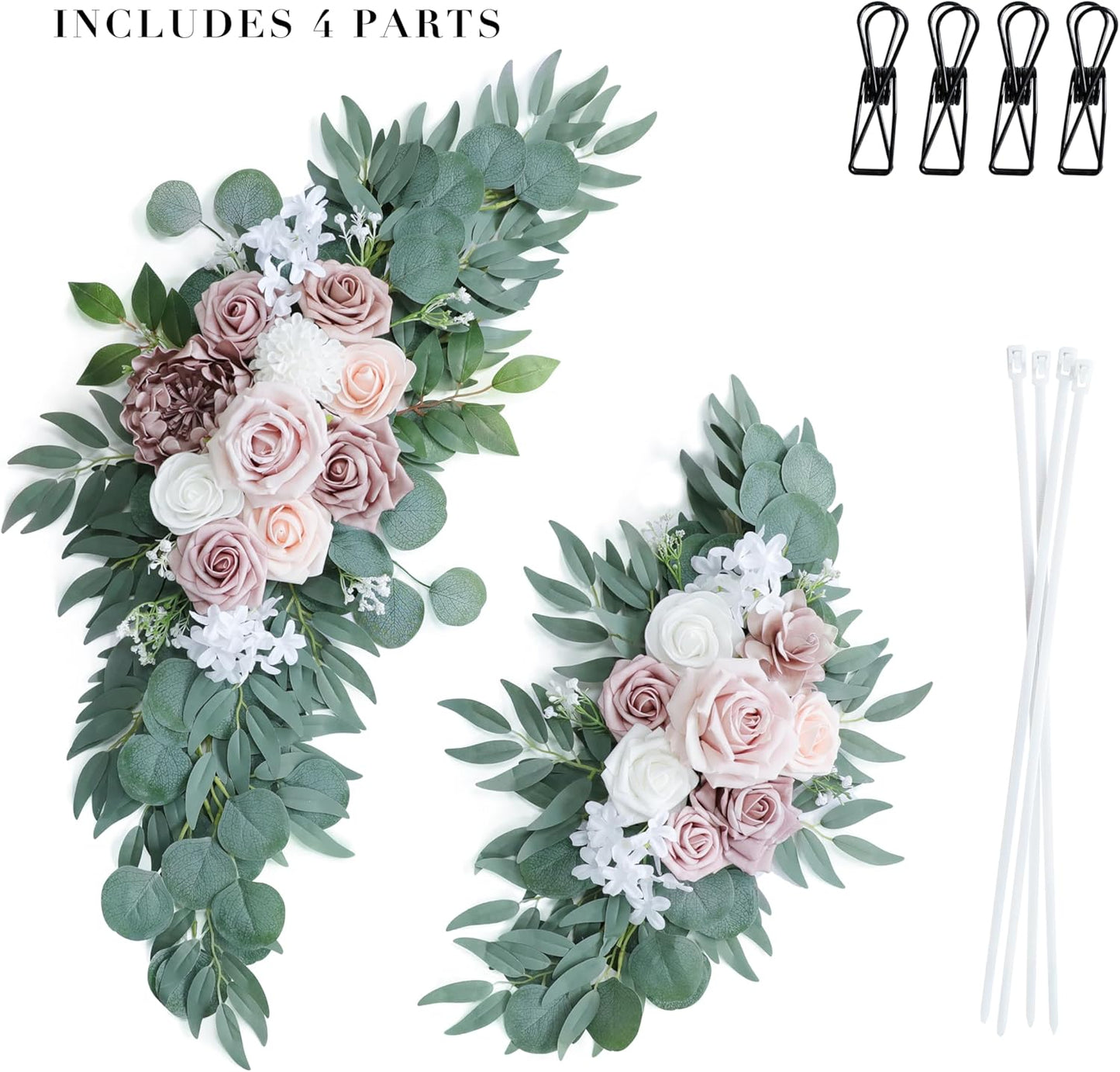 Artificial Dusty Rose Wedding Arch Flowers Swags Set of 2 for Welcome Signs, Ceremony & Reception Decorations, Blush Pink Flowers