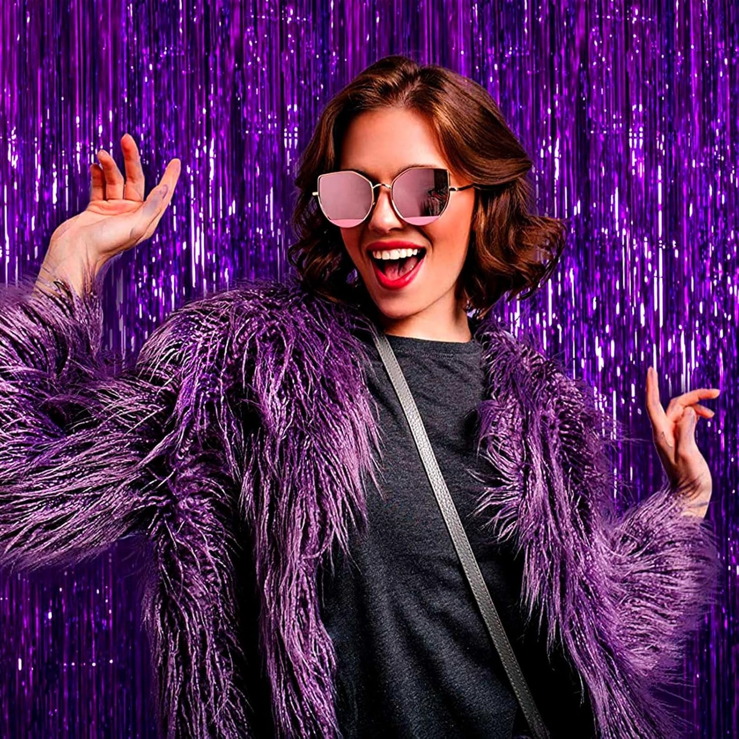 4 Pack Purple Foil Fringe Curtain Backdrop, 3.28Ft x 8.2Ft Metallic Tinsel Foil Fringe Streamer for Party, Photo Booth Props, Birthday, 2022 Graduation Decoration Party Supplies