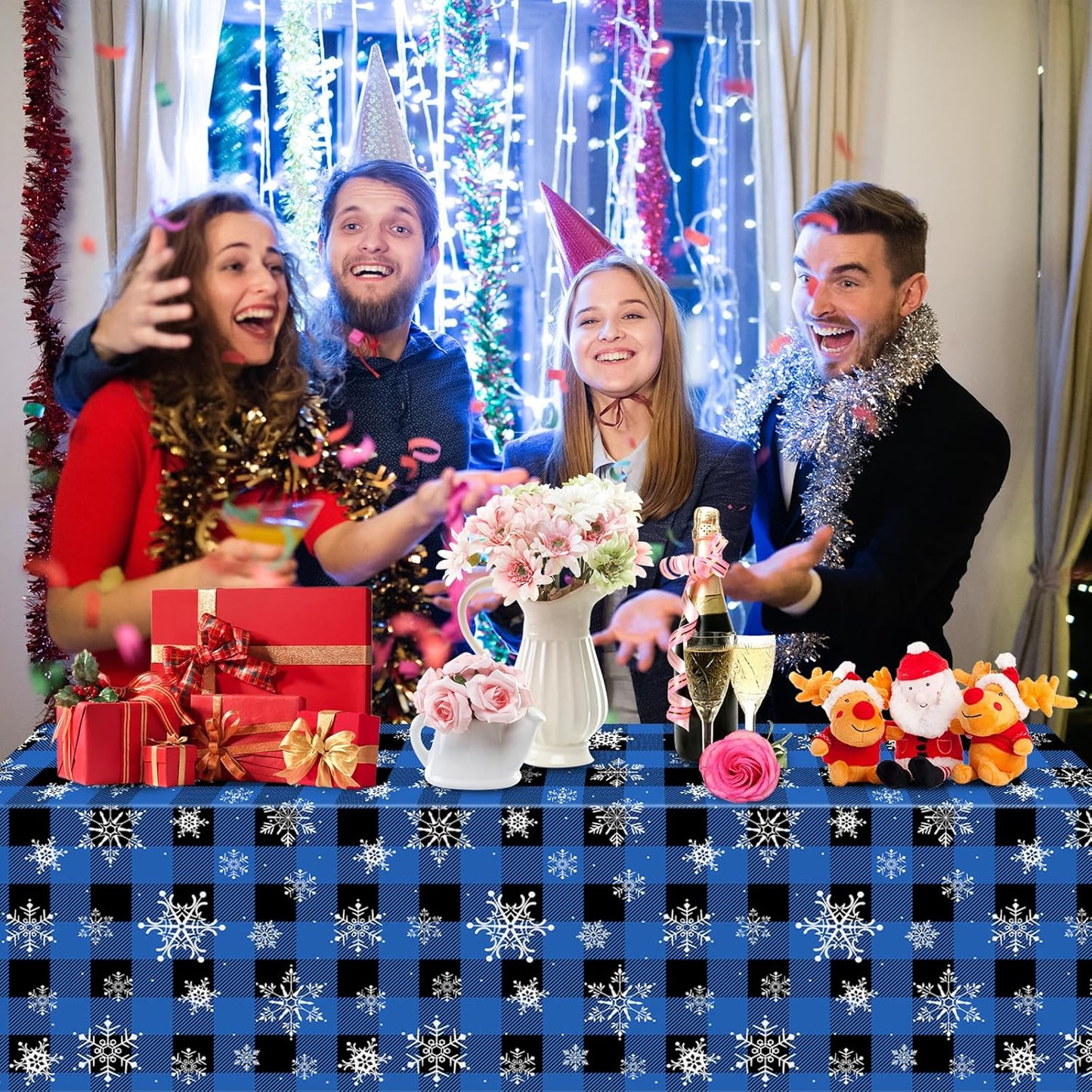 3Pcs Christmas Buffalo Plaid Snowflake Party Tablecloths Decorations,Plastic Black and Navy Blue Checkered Rectangle Table Cover for Winter Christmas Birthday Holiday Party Decorations,54x108 inch