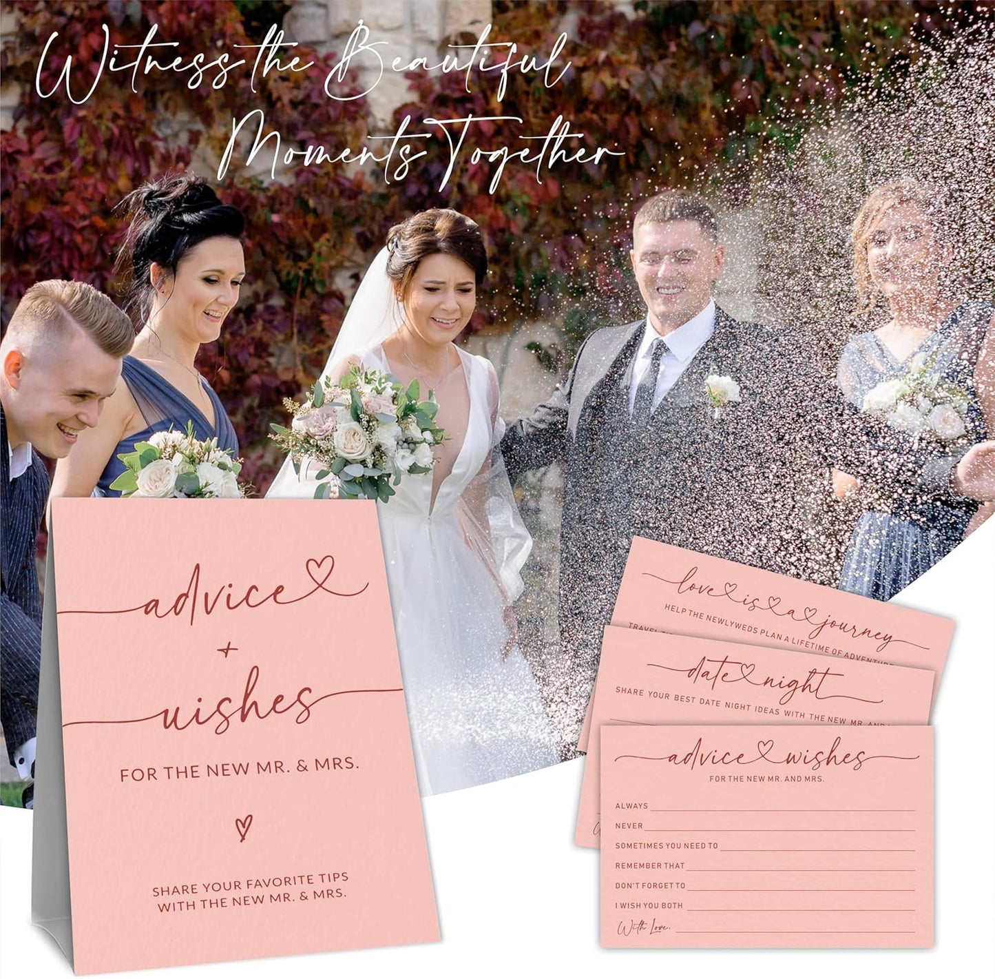 Wedding Advice Cards - Wishes For The New Mr & Mrs Wedding Advice Sign -A Standing Sign With 3 Types Of 4 x 6 Advice Cards -Bride and Groom Newlyweds Bridal Shower Decoration,Games(Pink) - C04
