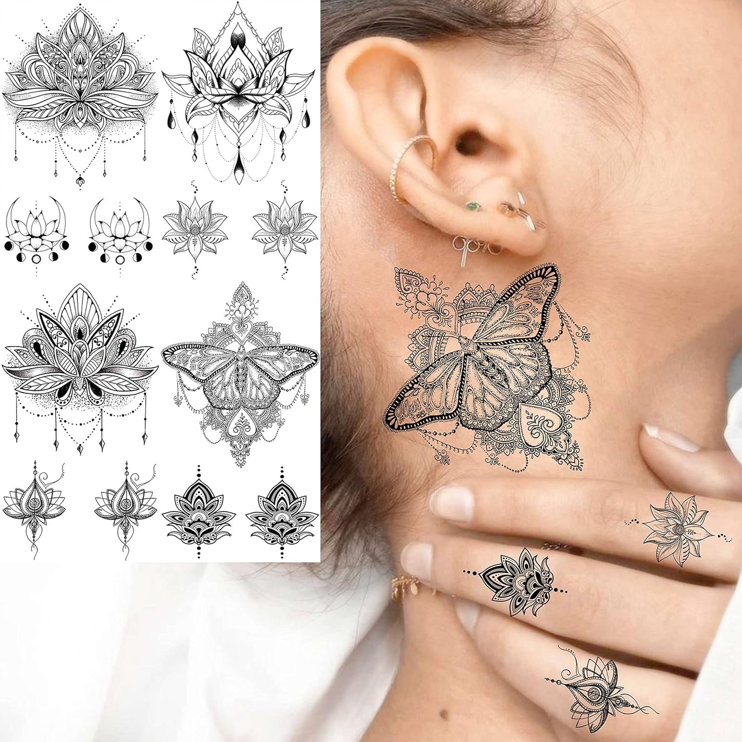 15 Sheets Sexy Black Lotus Temporary Tattoos For Women Wedding Brides, Tribal Fake Jewelry Pendant Lace Moon Moth Flowers Temp Tattoos Temporary Sticker For Girls Arm Neck Hands Tatoos Jewels