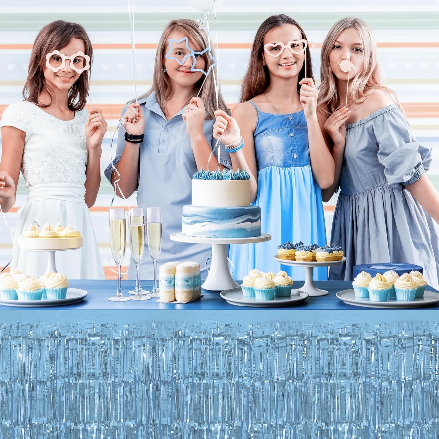 2 Pack Light Blue Table Skirts, 29x108" Metallic Foil Tinsel Fringe Table Skirts for Rectangle Tables Streamer Curtains Backdrop, Party Decorations for Birthdays Weddings Holidays