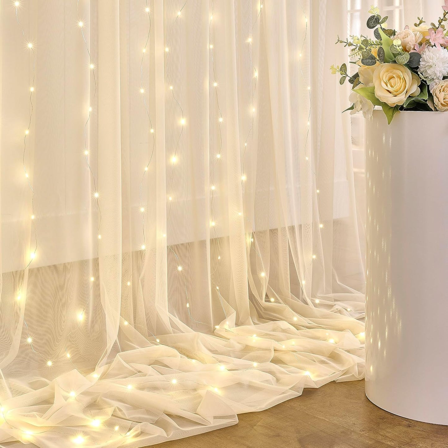 Champagne Sheer Backdrop Curtain with Lights String for Parites Wedding 20×10ft Tulle Backdrop Curtains for Bridal Shower Baby Shower Birthday Party Photo Shoot Decorations(4 Panels 5ft×10ft)