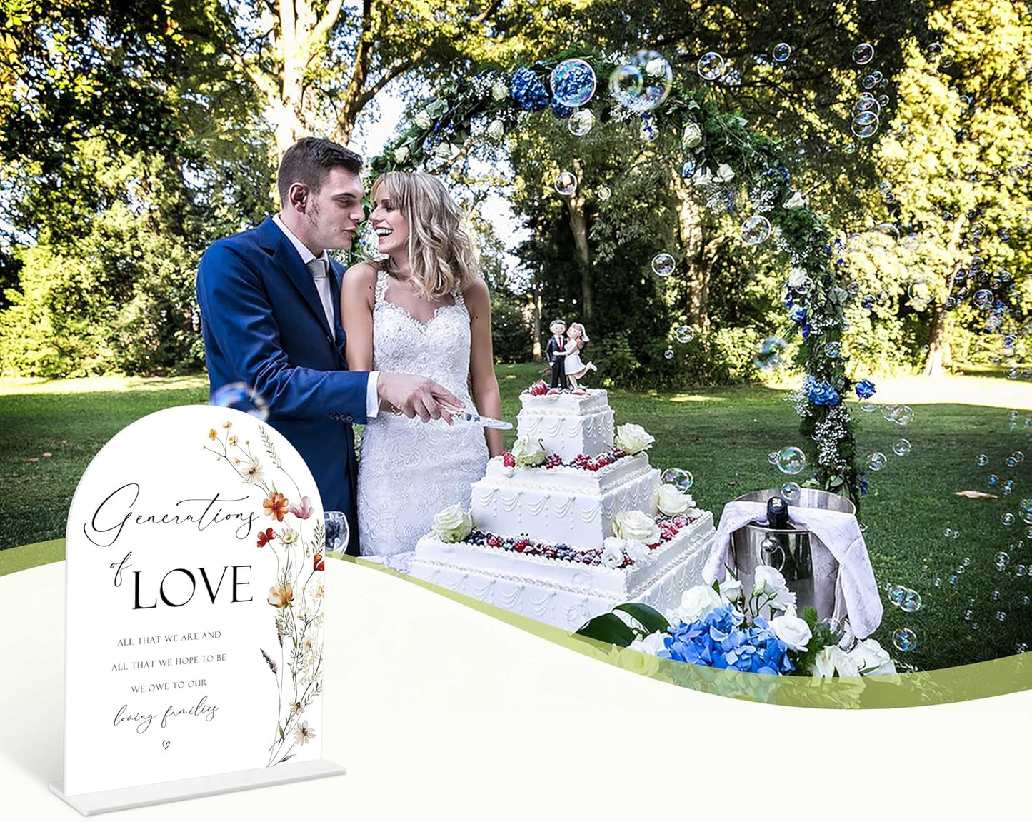 Boho Floral Generations Of Love Sign, 6 x 8 Inch White Arch Acrylic Wedding Sign with Holder, Wedding Sign for Ceremony and Reception, Wedding Decoration, Wedding Supplies - BX16