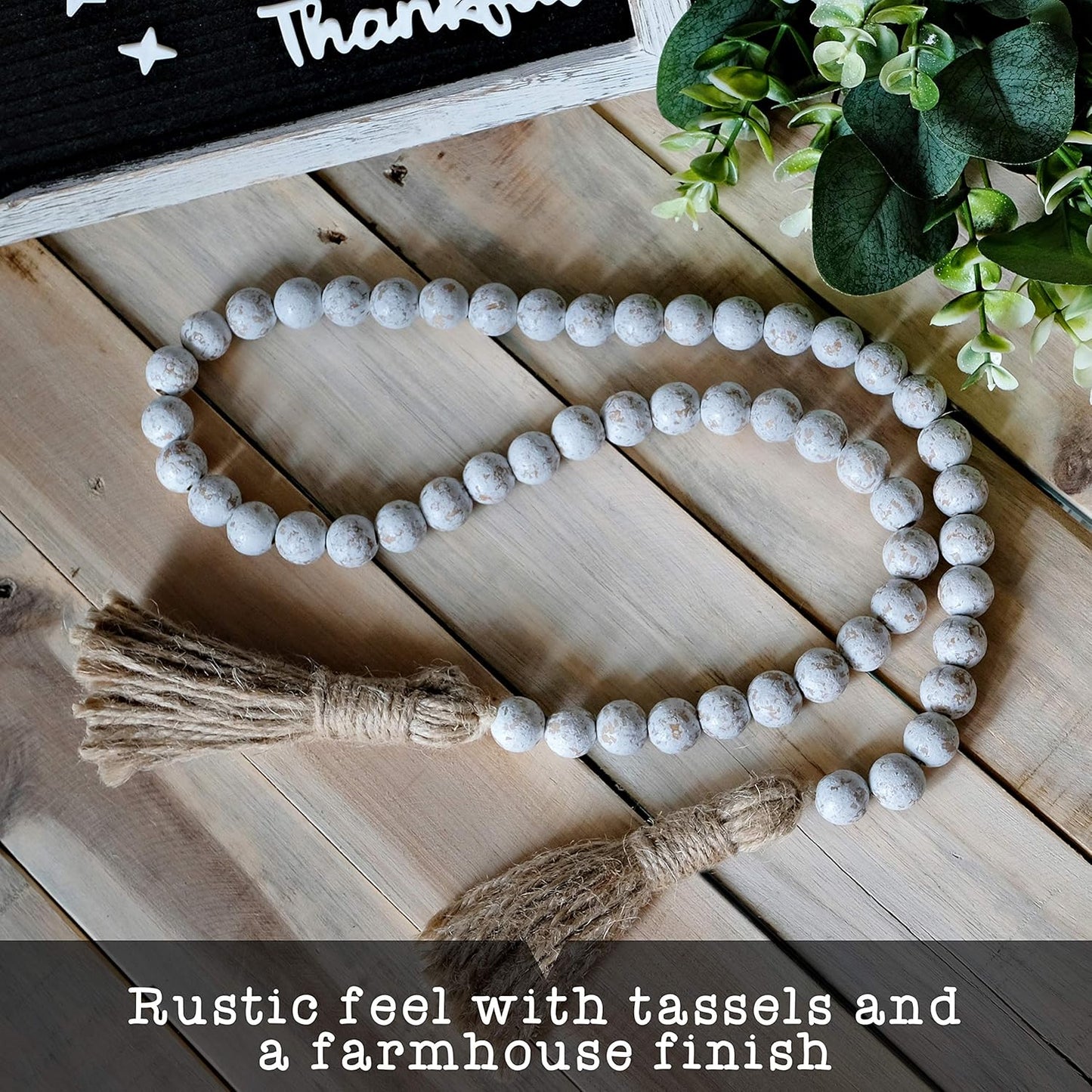 Farmhouse Wood Bead Garland Home Decor, Natural Wooden Garland for Tiered Tray, Decorative Tassel for Tier Tray, Rustic Beads Centerpiece Boho Table Decor, Beaded Accent White Washed