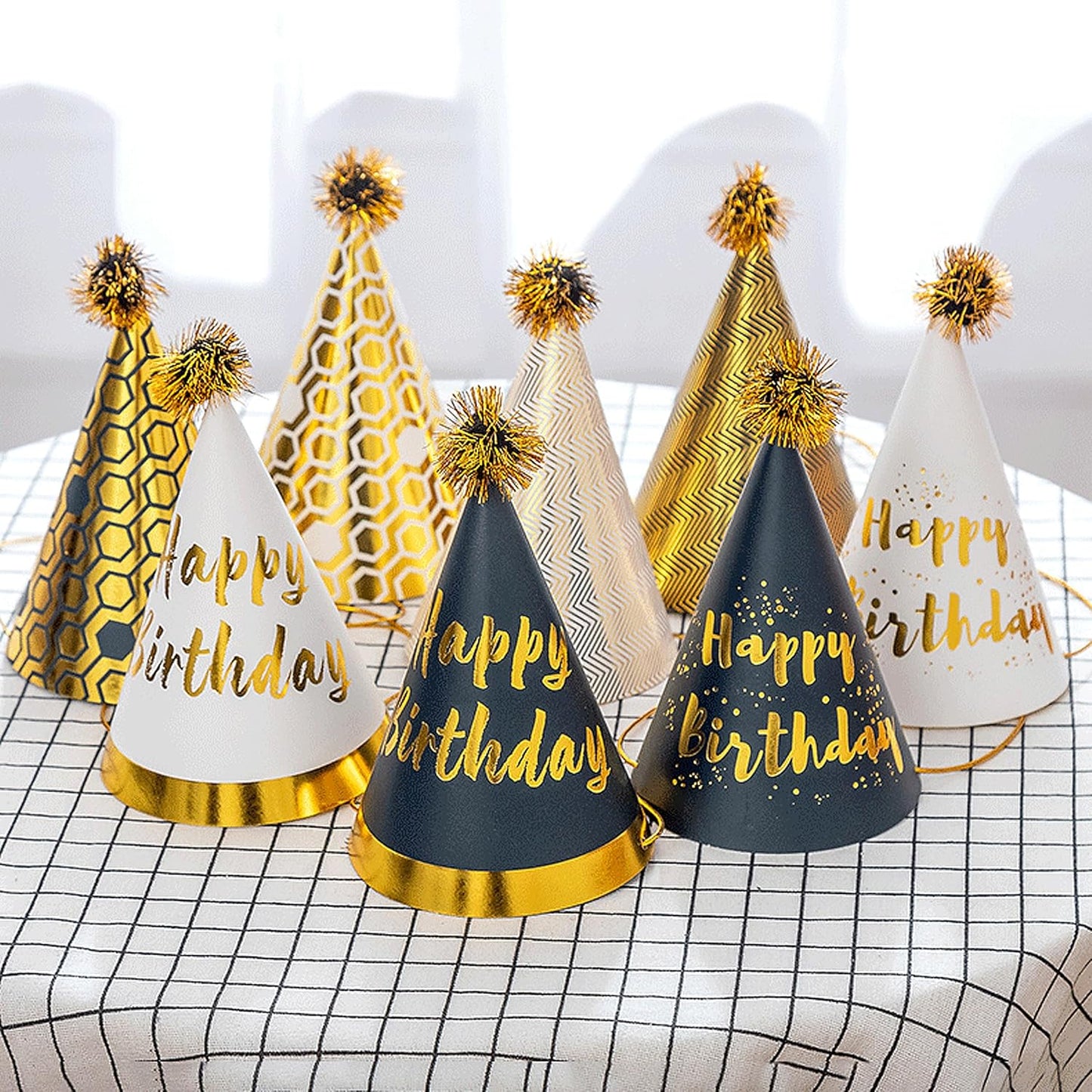 48 Pcs Gold Birthday Party Hats Gold Cone Hats Includes 16 Birthday Paper Hats and 32 Noise Makers