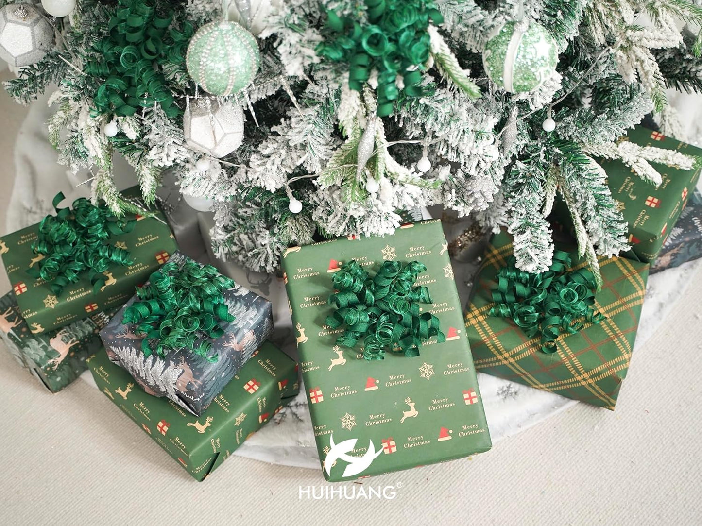 HUIHUANG Green Christmas Bows for Gift Wrapping Curly Gift Bow 5 inch x 8 Counts Forest Green Self-Adhesive Xmas Bows for Presents, Paper Bag, Party Favors, Wrapping Accessories