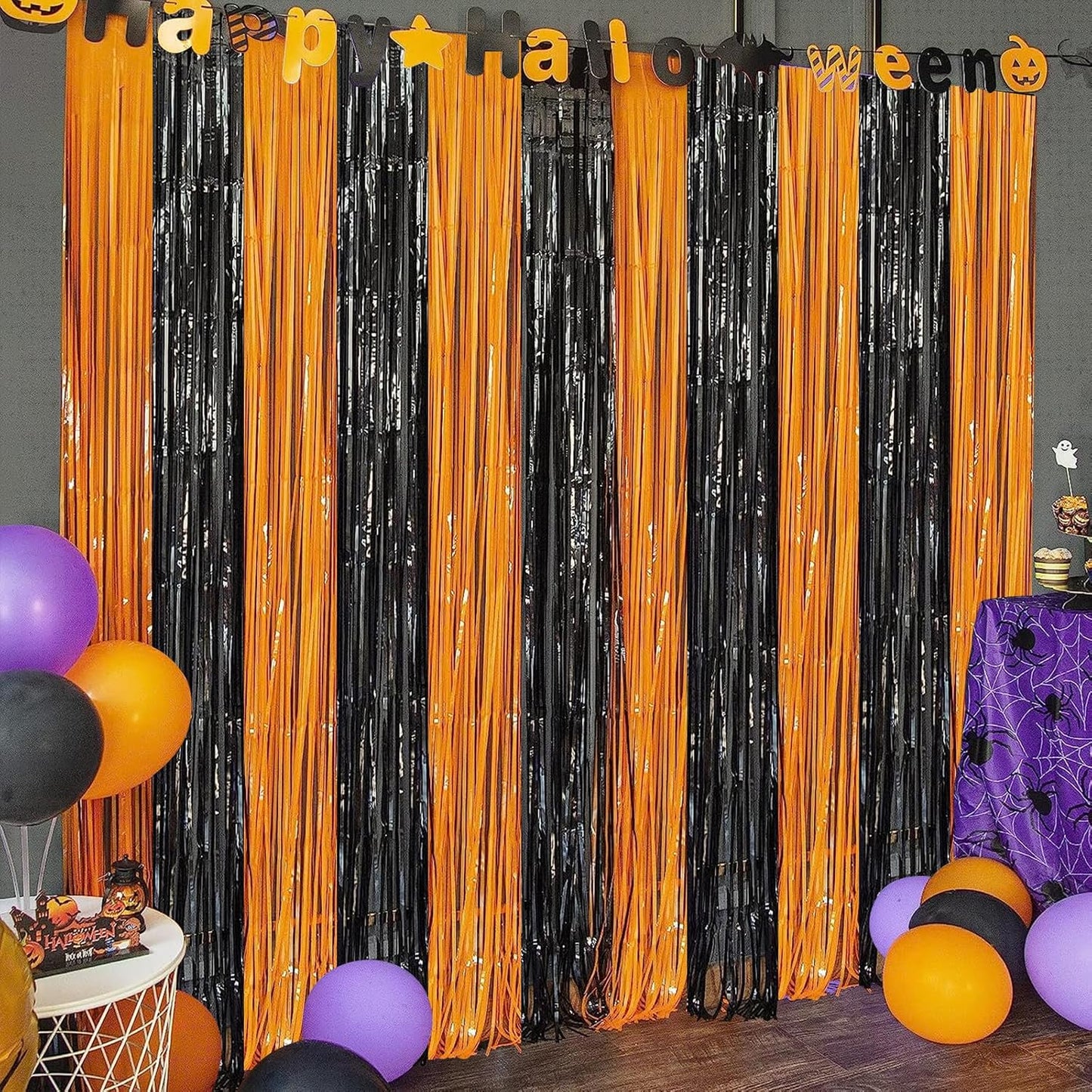 CANREVEL 2 Pack 3.3x8.2 Feet Black and Orange Foil Fringe Backdrop Curtains, Tinsel Streamers Birthday Party Decorations, Fringe Backdrop for Halloween, Bachelorette Party
