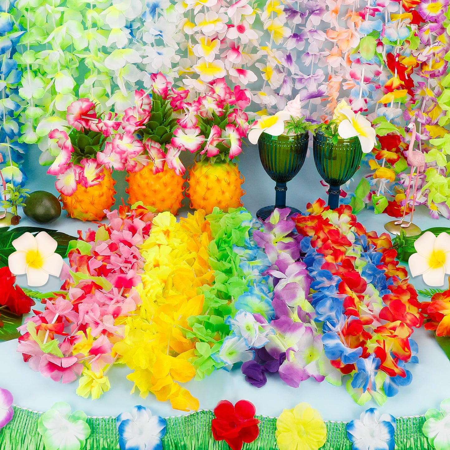 Arrowom 24pcs Hawaiian Leis Bulk Luau Party Silk Flower Necklace Colorful Tropical Hawaiian Bulk
