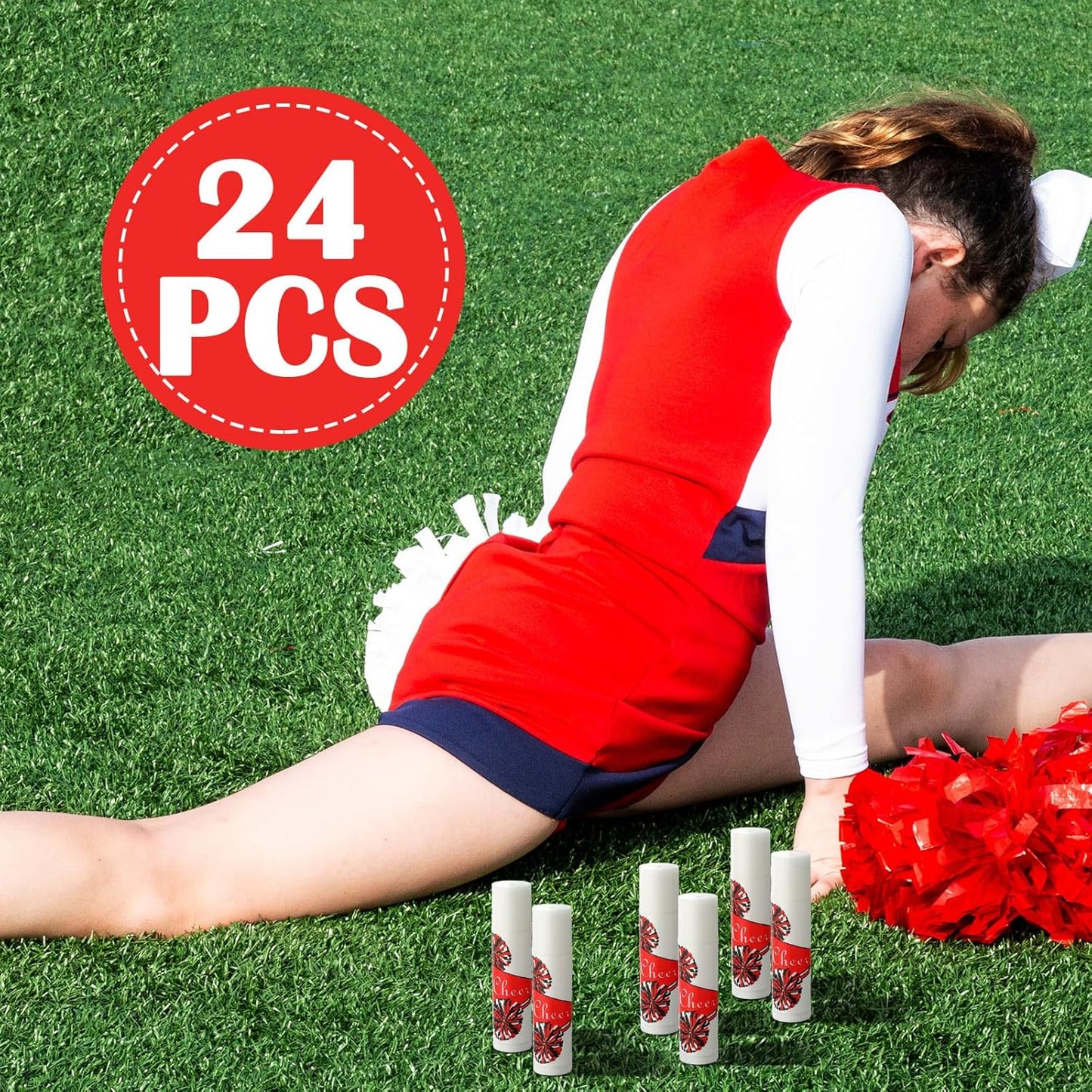 24 Pcs Cheer Lip Balm Cheer Teams Camp Gifts Pom Pom Leaders Party Favors Gear Lip Balm Mom Gift for Competitive Party Guest Supplies(Red)